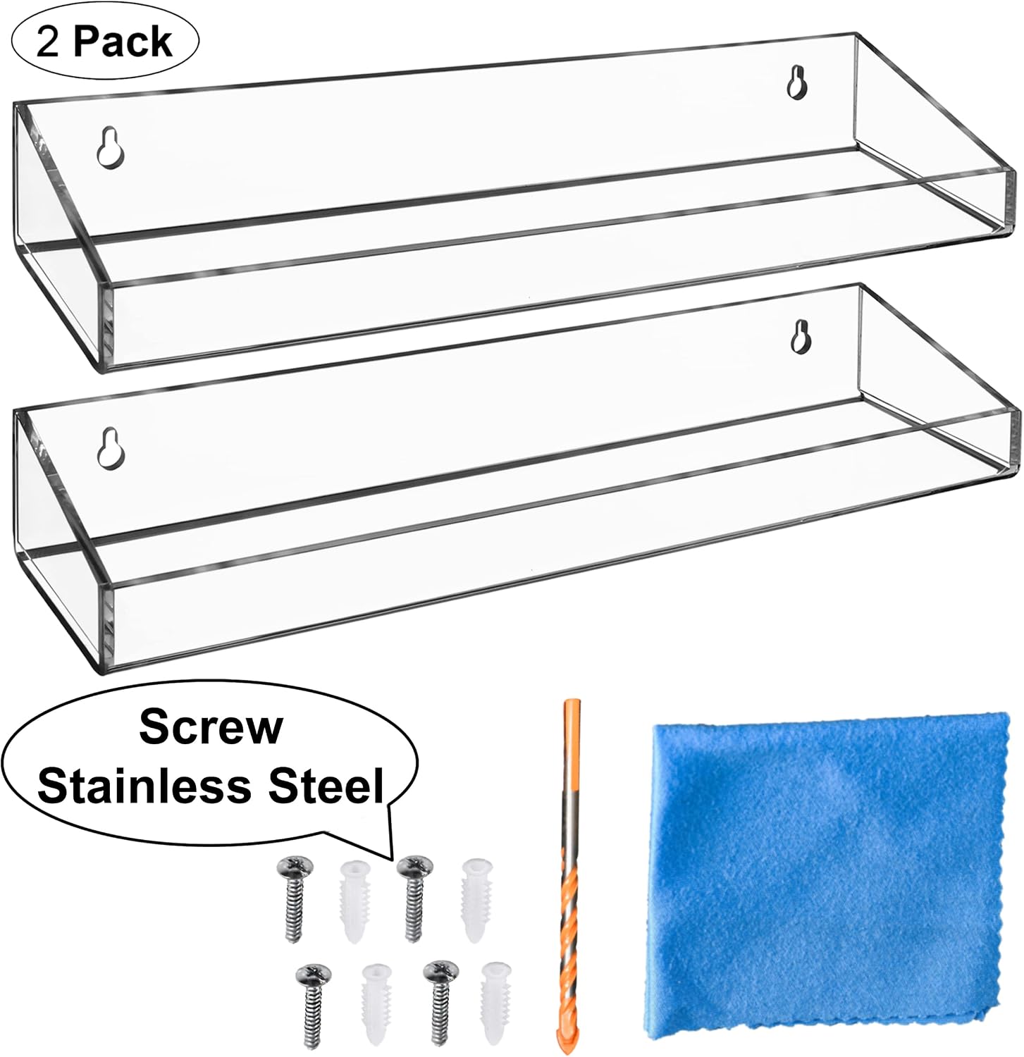 AMT 2 Pack Acrylic Floating Shelves, 15" L x 4" W, Clear Bathroom Wall, Bookshelves, Invisible Display for Office, Bedroom