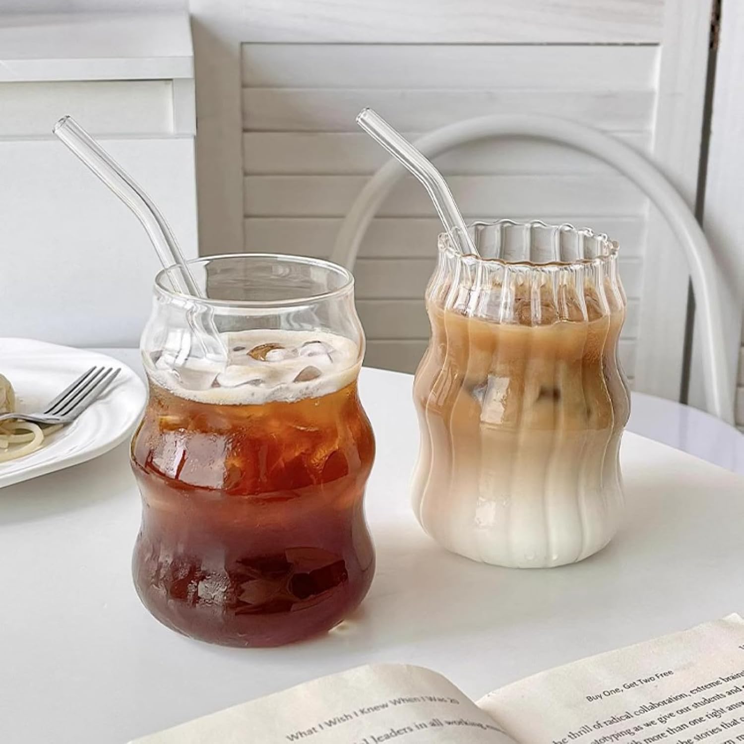 2 Pcs Ribbed Glass Cups, 18 Oz Vintage Drinking Glassware with Wave Design | Iced Coffee Cups Glass, Matcha Glass Bubble Cups for Iced Coffee, Juice