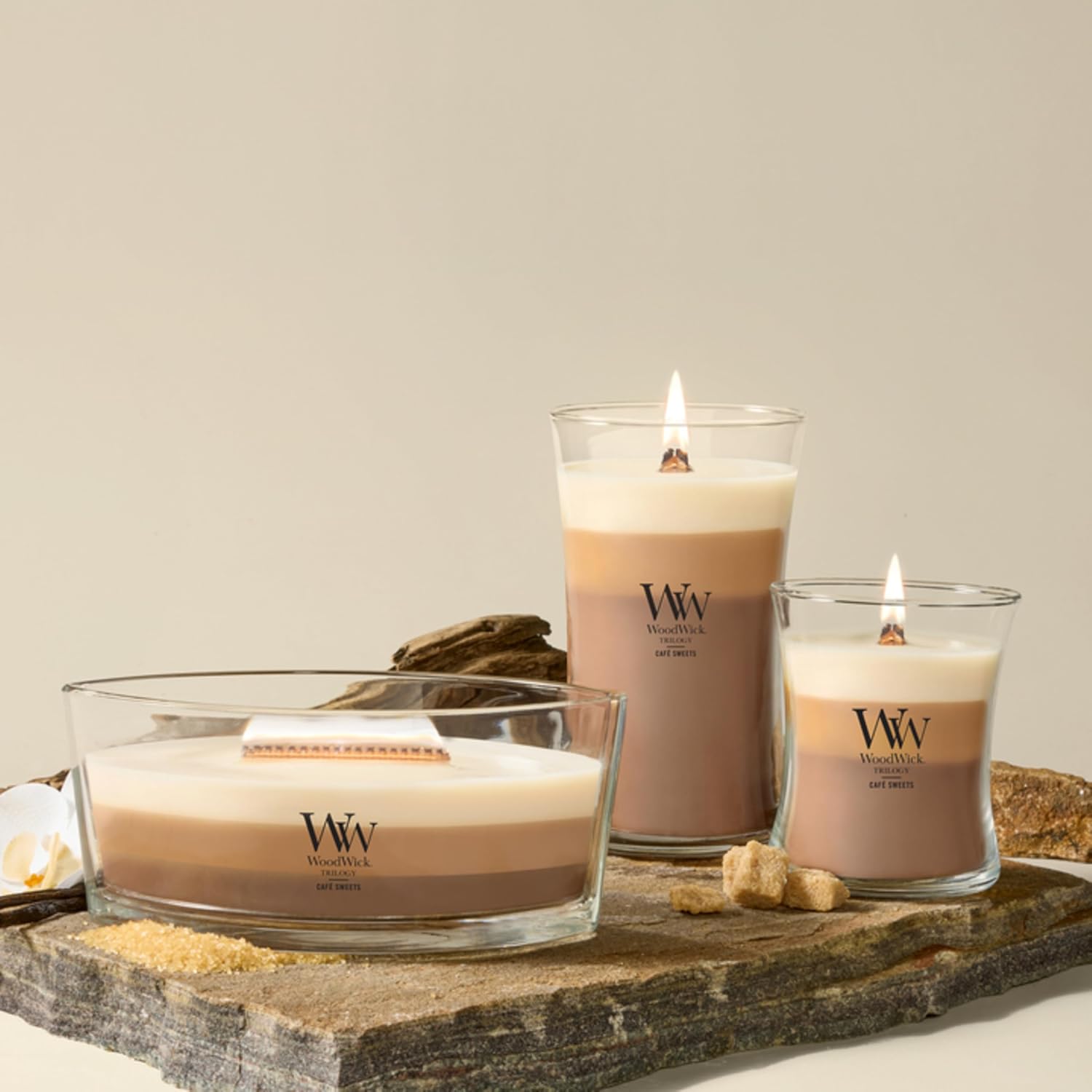 WoodWick Café Sweets Trilogy Holiday Candle Gifts for Women and Men, 9.7 oz Medium Hourglass Trilogy Candle with Crackling Wick