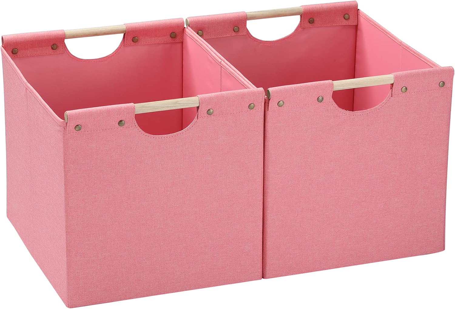 HOONEX Large Collapsible Storage Bins, Linen Fabric, 2 Pack, Storage Baskets with Wooden Carry Handles and Sturdy Heavy Cardboard, for Home, Office