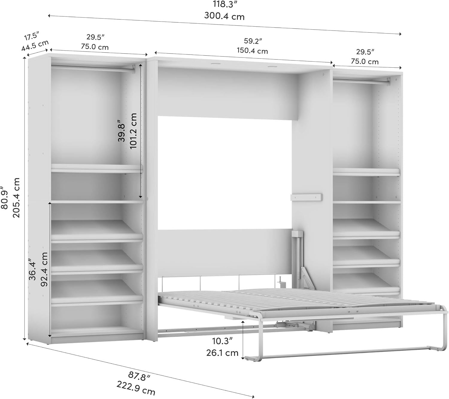 Bestar Cielo Full Murphy Bed with 2 Closet Organizers (119W) in Bark Gray and White, Sleeping Arrangement for Multipurpose Room | 2 Closet Organizers