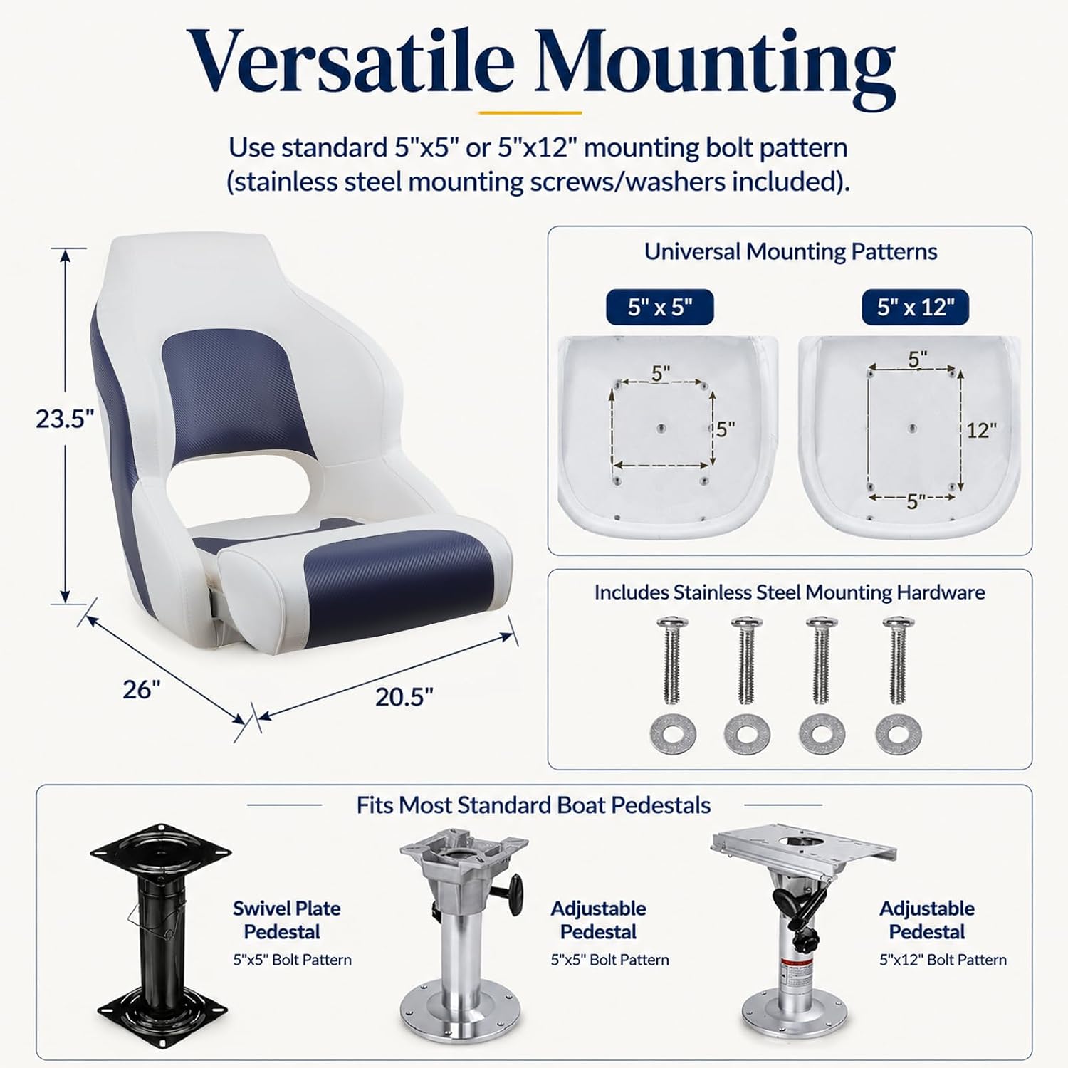 Seamander Boat Captains Chair,Captain Bucket Seat with Flip Up Bolster,Integral Rotomolded Frame, Premium EPDM Foam Material, Marine Grade Vinyl (A-White/Charcoal)