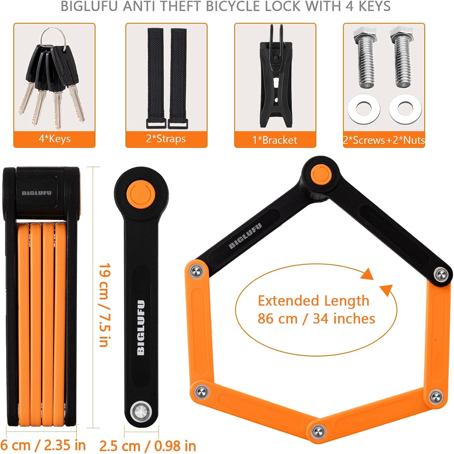 Bike Lock Bicycle Scooter Motorcycle Folding Locks with 4Keys, Fold Chain Heavy Duty Alloy Steel Foldable Lock with Mounting Bracket 2pc Straps