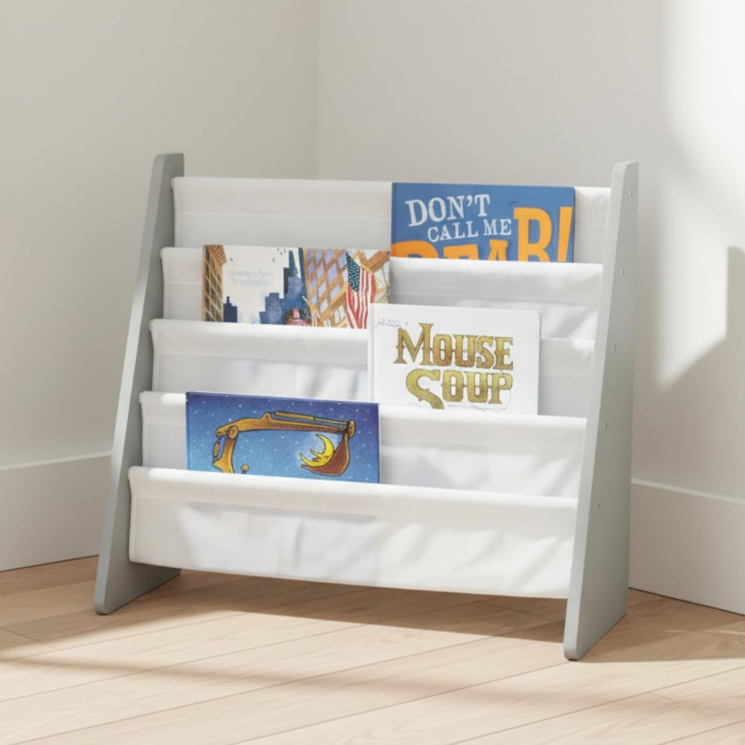 Humble Crew Kids Bookshelf, Montessori Front Facing Toddler Bookcase 4 Tier | Book display rack and reading nook organizer, nylon pockets show covers face out, compact for any playroom or bedroom space