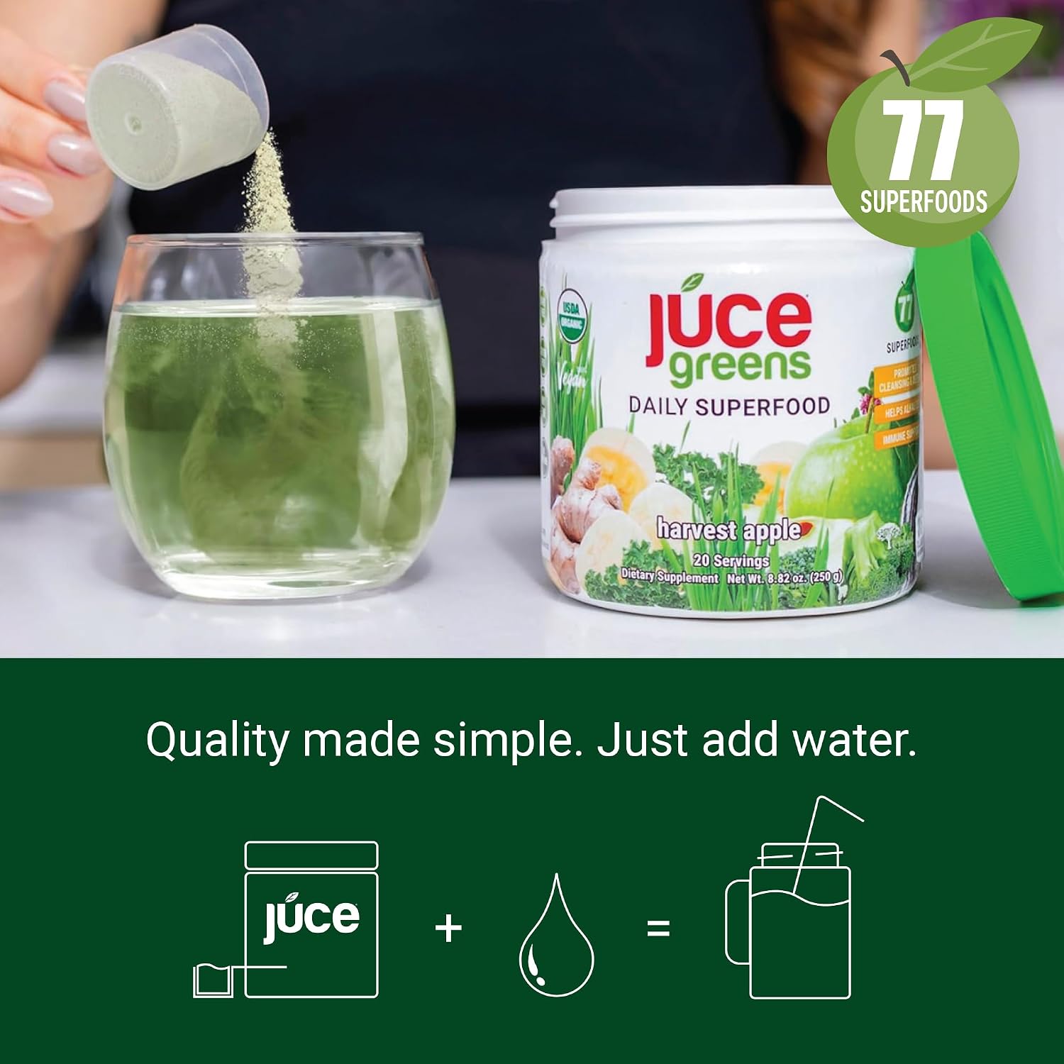 Juce Greens Organic Superfood Powder | 64 Superfoods | 20 Servings | Harvest Apple flavor | 6 adaptogenic mushrooms