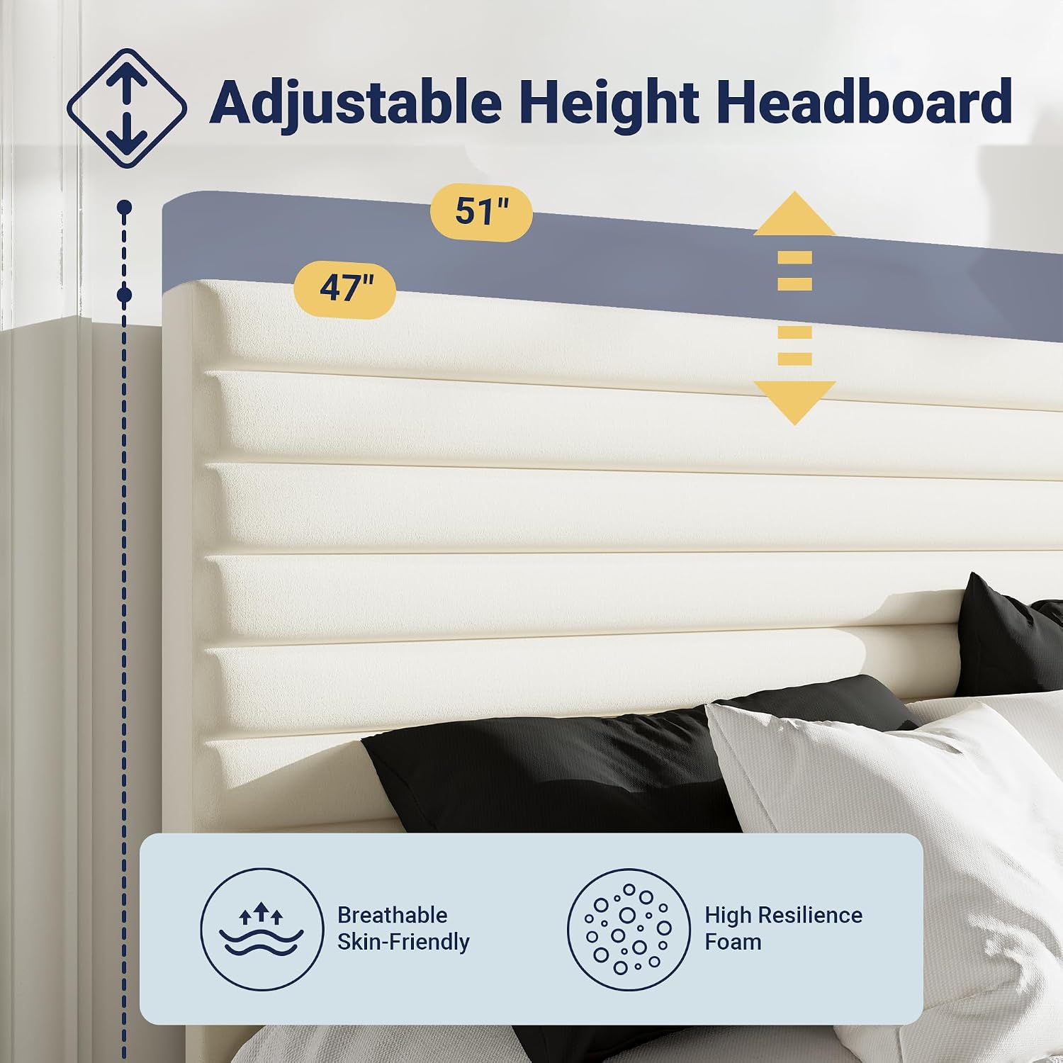 Allewie Queen Bed Frame, Velvet Upholstered Platform Bed with Adjustable Headboard, Horizontal Channel Design, Wood Slat Support, No Box Spring Needed, Noise Free, Easy Assembly, White