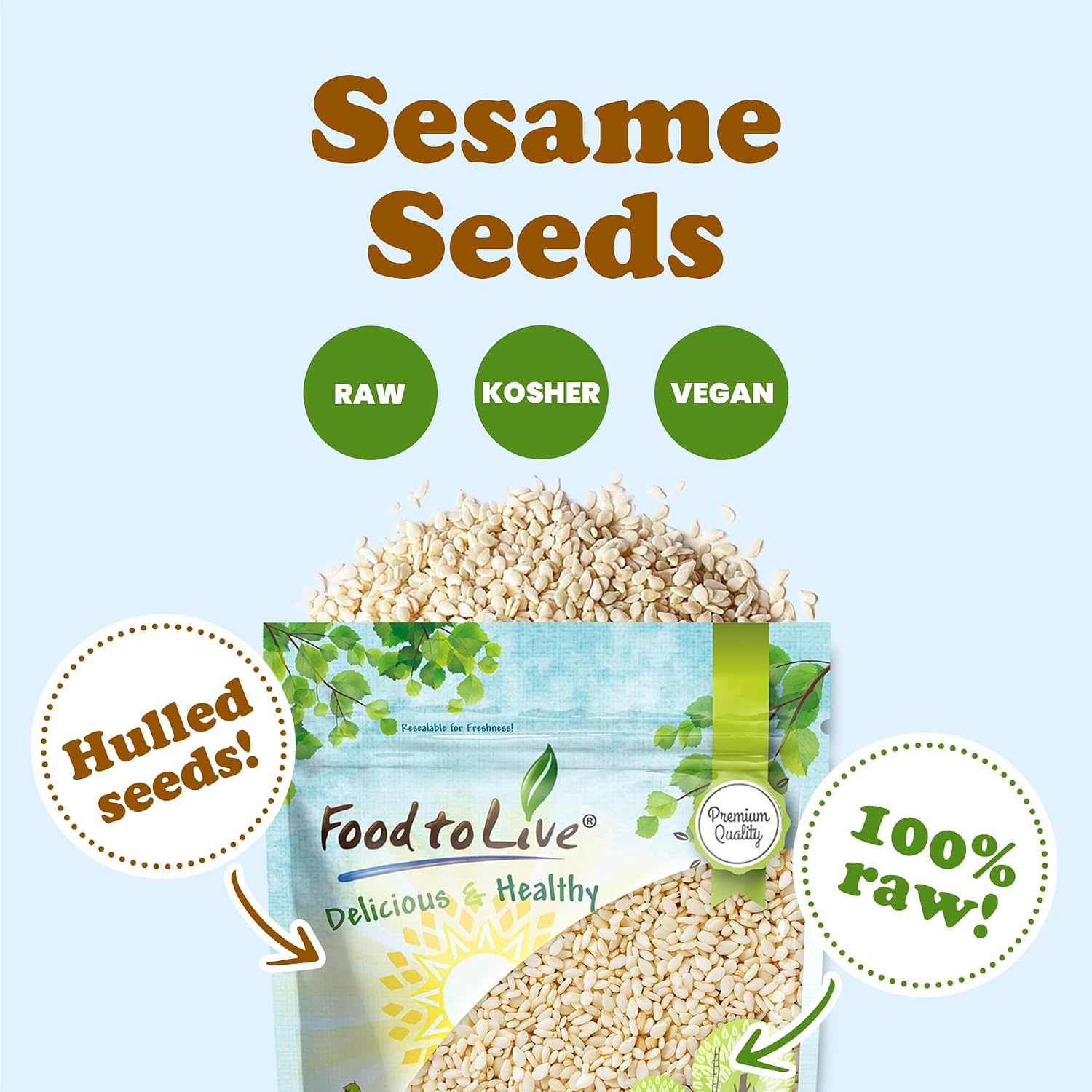 Food to Live - Hulled Sesame Seeds, 4 Pounds Whole Raw White Sesame Seeds, Kosher and Vegan, Unroasted, Bulk Sesame. High in Magnesium, Iron, and Calcium.