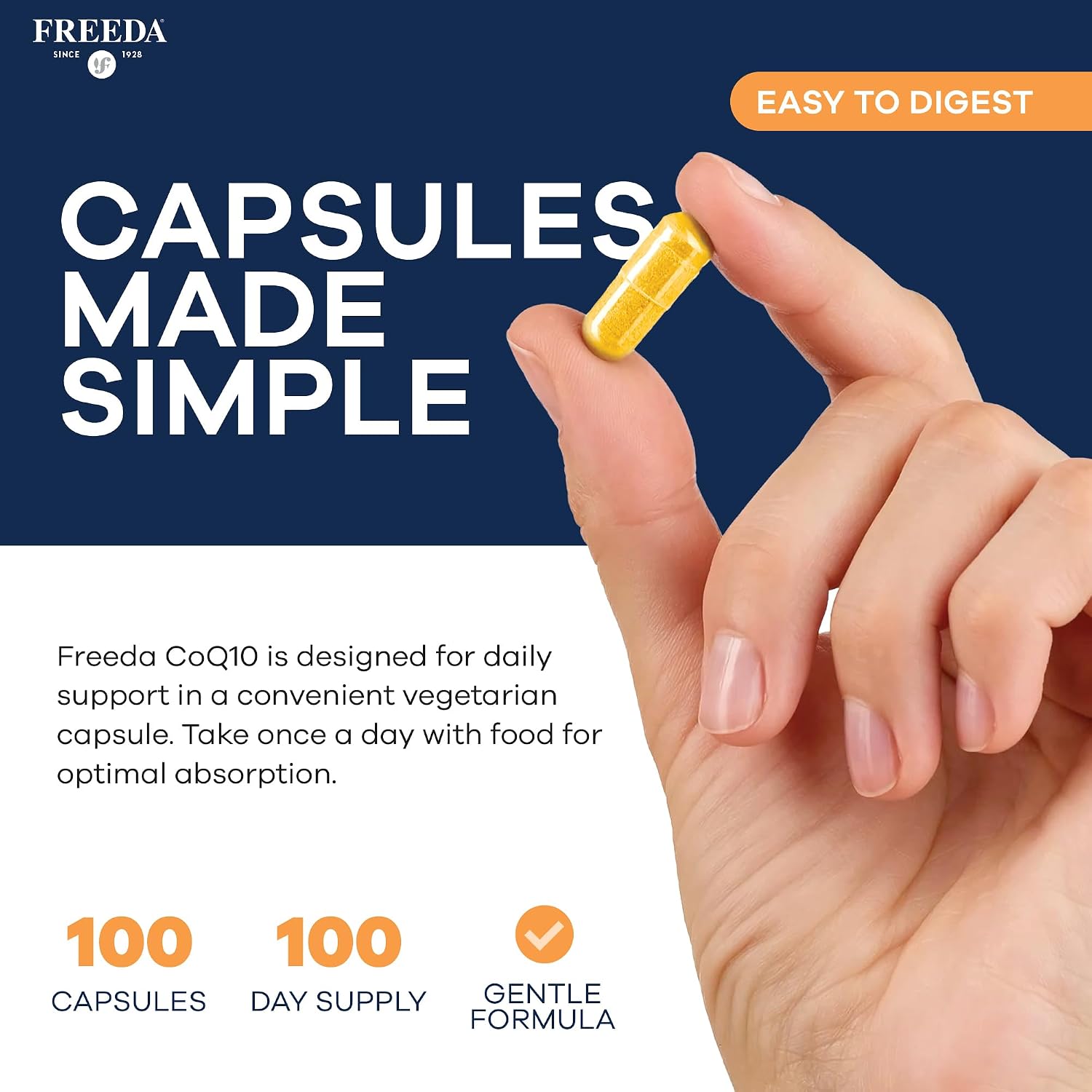 FREEDA CoQ10 100mg - Kosher Coenzyme Q10 Dietary Supplement for Cardiovascular Heart Health, Blood Pressure Support, Oral Gum Health