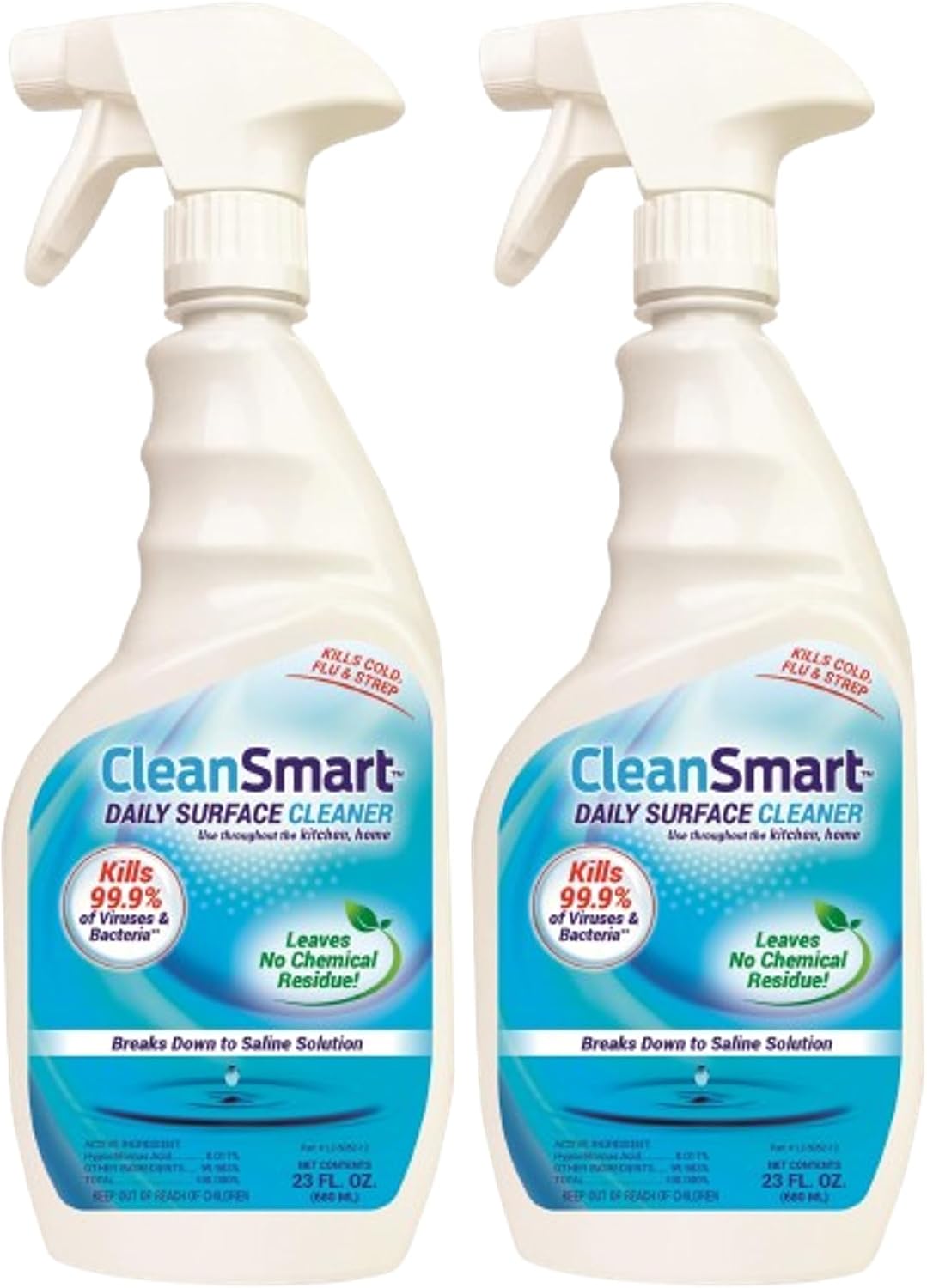 CleanSmart Daily Surface Cleaner and Pet-Safe Disinfectant, 23 oz (2 pack) | Hypochlorous Acid Spray Kills 99.9% of Viruses and Bacteria, No Harsh Residue, Food Contact Surface Sanitizer, No Rinse