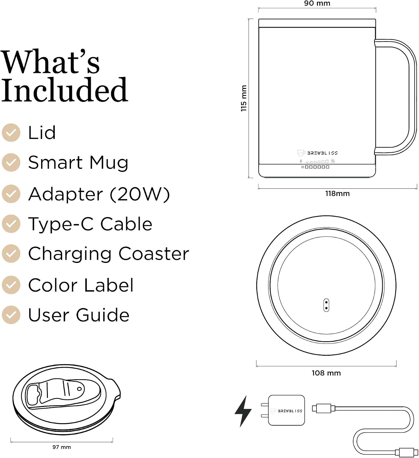 Brewbliss Temperature Control Smart Mug, 14 Oz, App-Controlled & Self-Heating Coffee Mug with 80 Min Battery Life