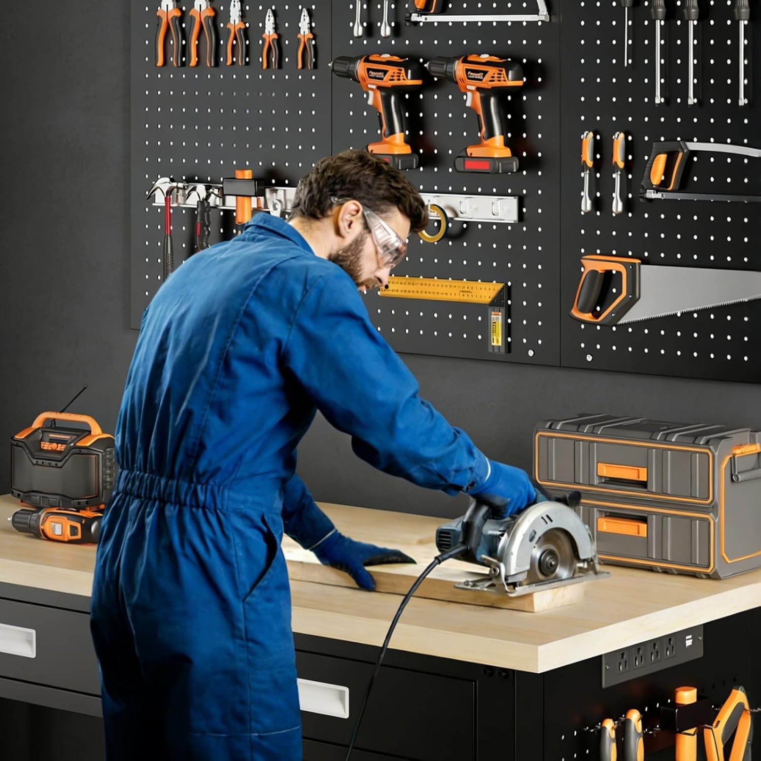 RexTact 48" Heavy Duty Workbench with Power Outlets, Pegboard & Storage Drawers, 2000 LBS Capacity Rolling Work Table with Wheels