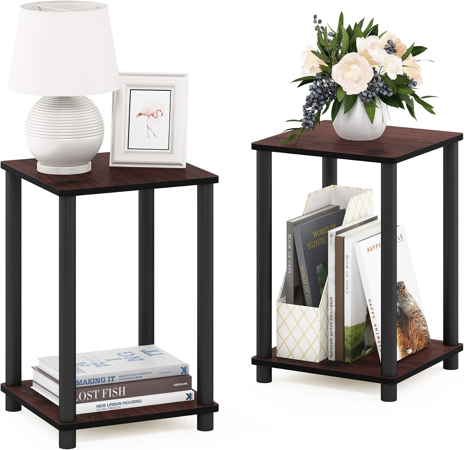 Furinno Turn-N-Tube End Table Corner Shelves, Set of 2, Dark Cherry/Black | Stackable Modern End Table with Open Shelf, Night Stand, Bedside Table, for Living Room, Bedroom