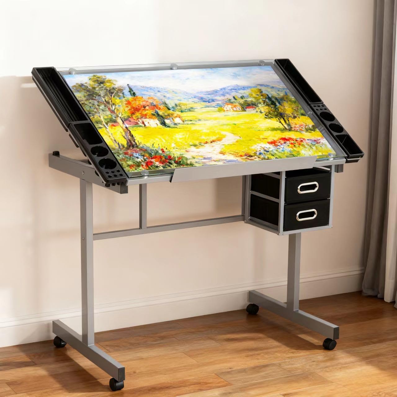 ZENY Drafting Table on Wheels with Storage Drawers, Adjustable Glass Tabletop, Craft Table Drawing Desk Artist Hobby Table for Painting, Drawing