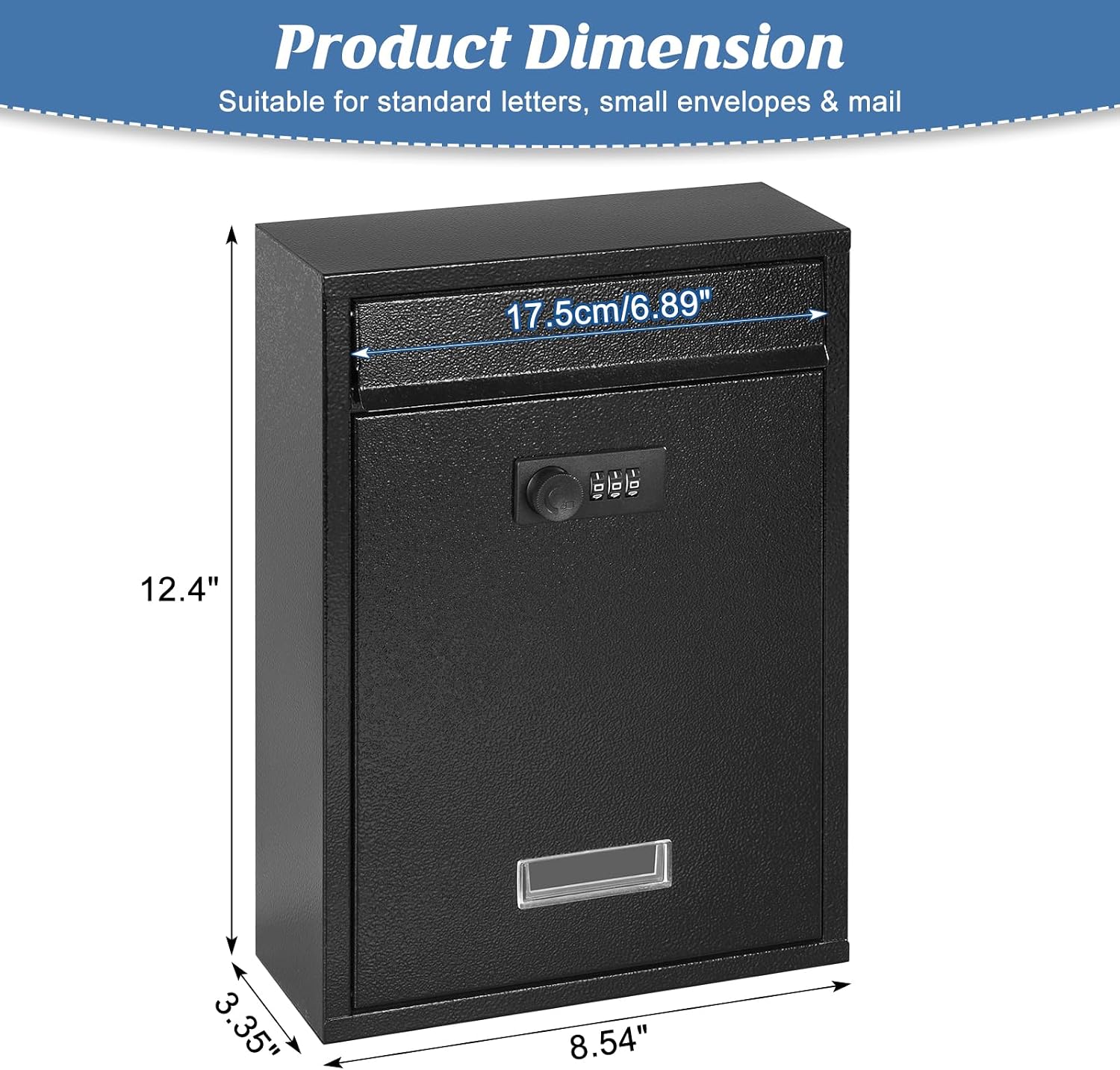 KYODOLED Mailbox for Outside, Wall Mount Locking Mailbox, Security Drop Box with Key Lock for Letters, Cash, Cards, Steel Mail Box for House Office School, 12.4H x 8.54L x 3.35W Inches, Black