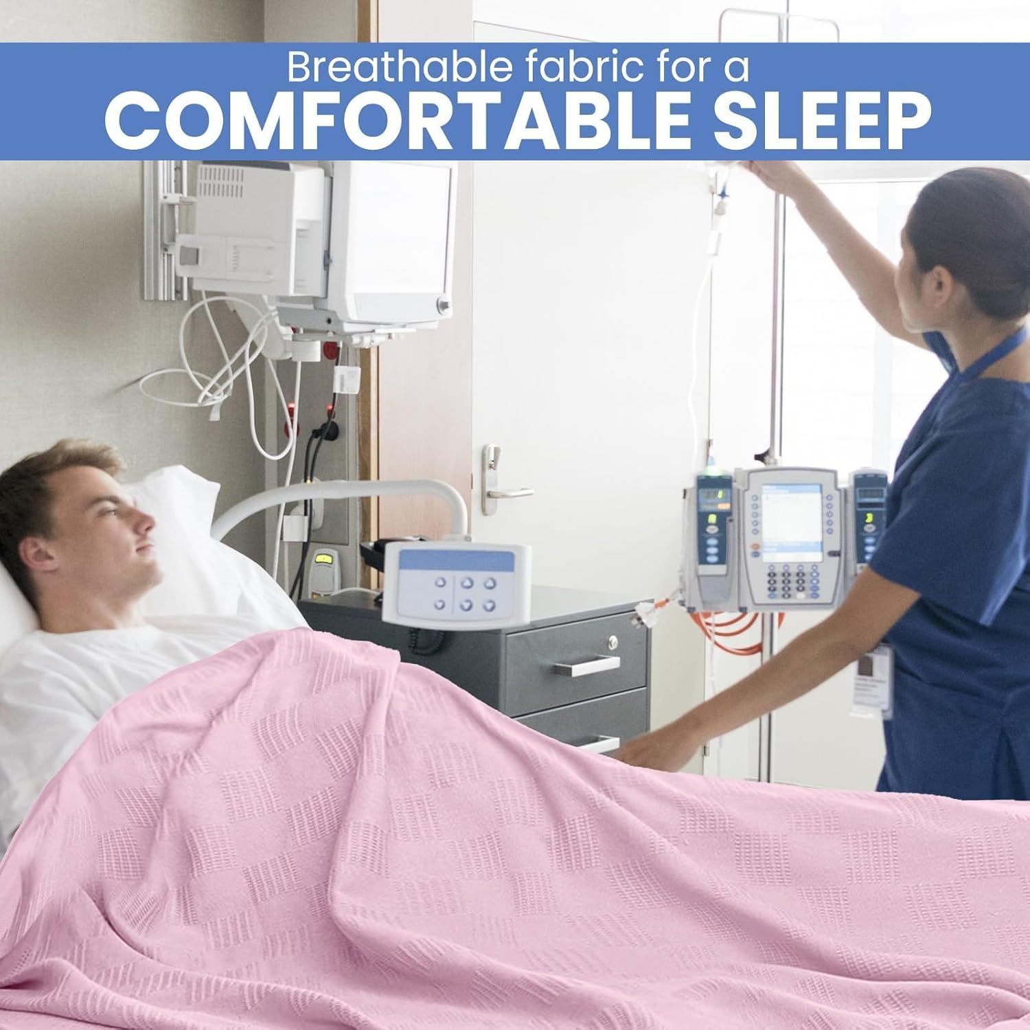 Linteum Textile Hospital Thermal SNAGLESS Spread Blanket, 100% Cotton (74x100 in, Blue)