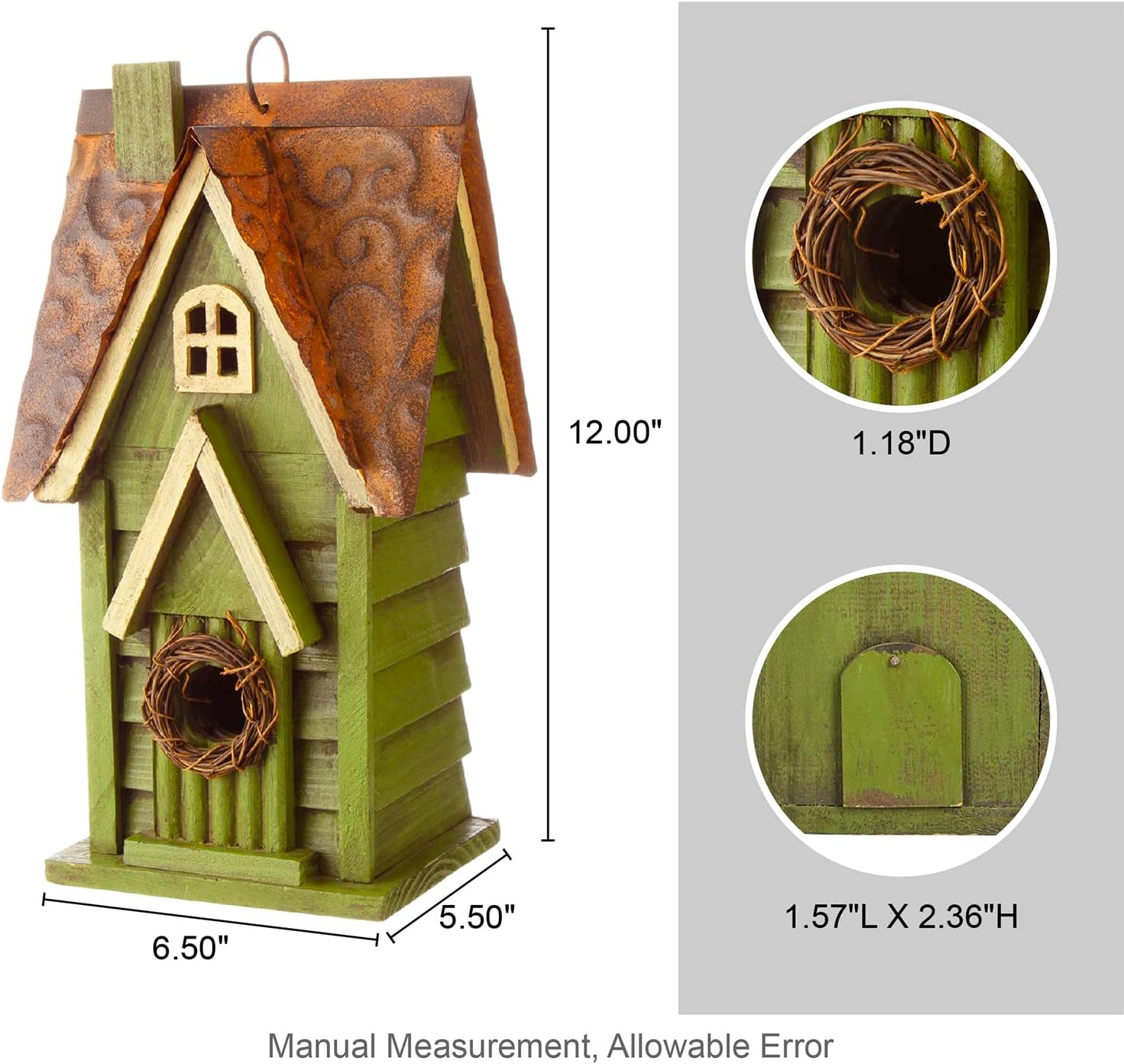 Glitzhome 12" H Green Hanging Distressed Solid Wood Garden Bird House Decorative Birdhouse