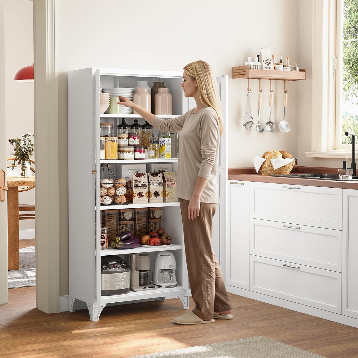 Metal Storage Cabinet with 2 Doors and 4 Adjustable Shelves - 61" White Kitchen Pantry Storage 5-Tier Tall Steel Cabinets Locker for Kitchen, Living Room, Dining Room