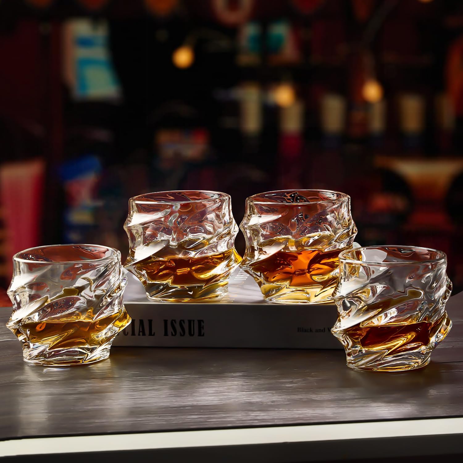 GLASKEY 12 oz Storm Japanese Whiskey Glasses Set of 4, Unique Cognac Glasses, Heavy Thick Bottom Bar Glass for Scotch Bourbon Rum Gin Water Cocktail,Gifts Men Gifts Ideas
