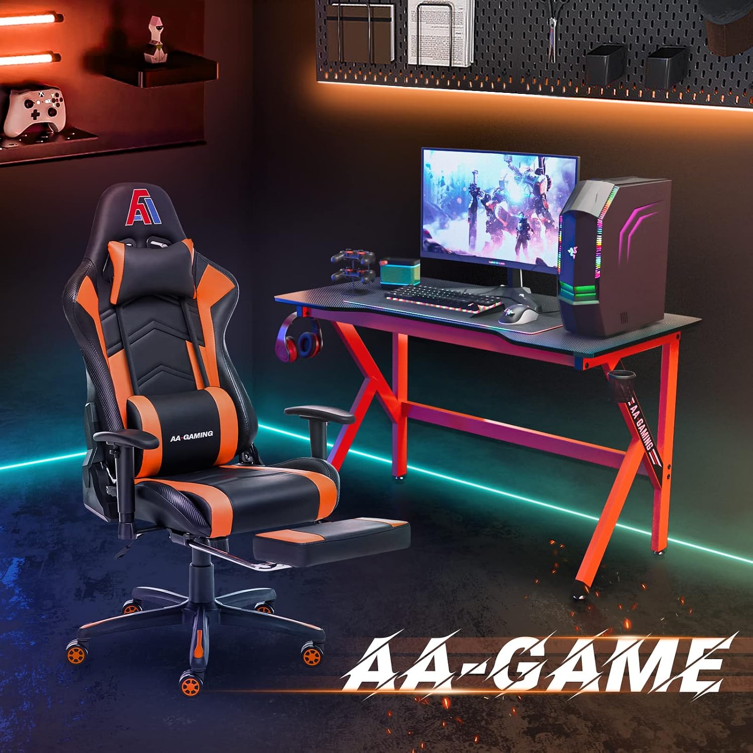 AA Products Gaming Chair Ergonomic High Back Computer Racing Chair Adjustable Office Chair with Footrest, Lumbar Support Swivel Chair - Black