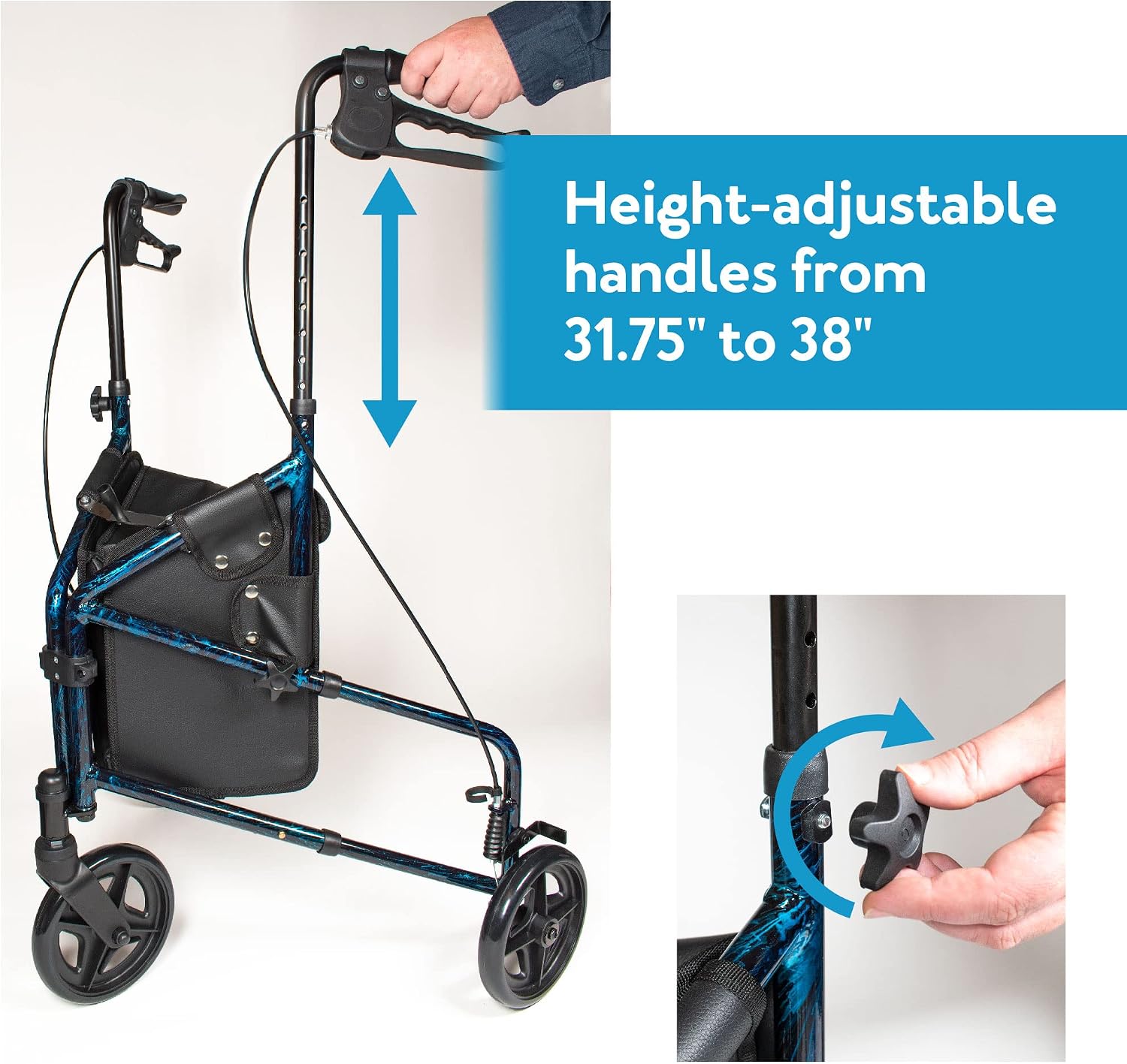 Carex 3 Wheel Walker for Seniors, Foldable, Rollator Walker with Three Wheels, Three Wheel Rolling Walker Height Adjustable for Seniors, Blue, Trio