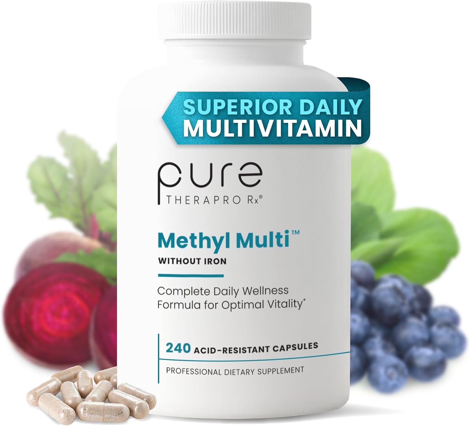 Pure Therapro Rx Methyl Multi Without Iron, Multivitamin, 240 Capsules | Includes Methyl B12 & Methylfolate, For Men & Women, Made in USA, 4-Month Supply