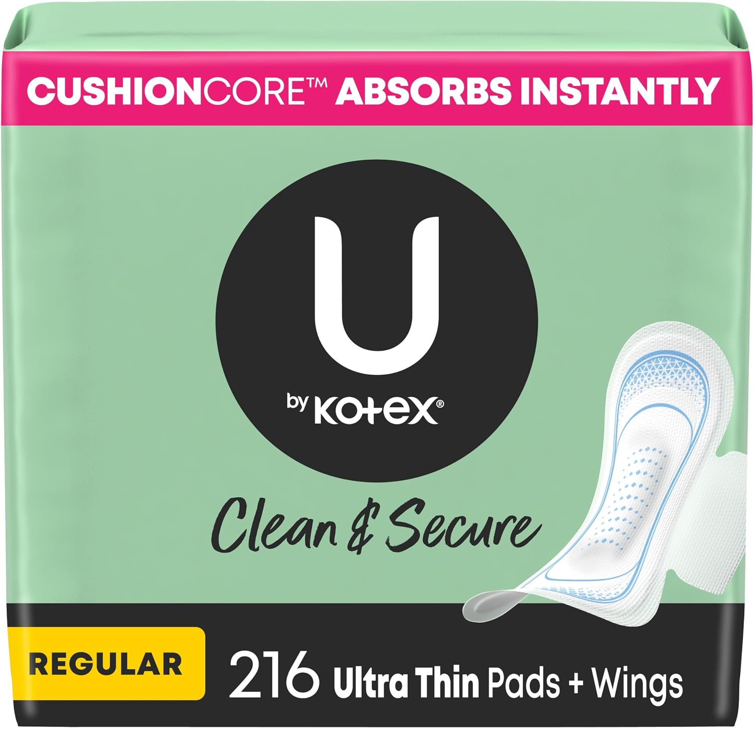 U by Kotex Clean & Secure Ultra Thin Pads, Regular Absorbency, 176 Count (4 Packs of 44) (Packaging May Vary)