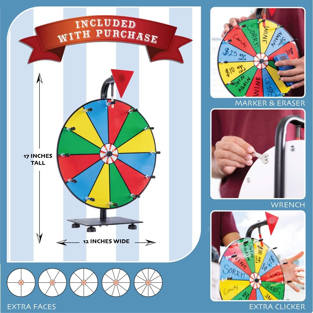 5 in 1 Tabletop Prize Wheel Spinner - 12" Carnival Games Smooth Spinning Wheel for Prizes, Raffle - Portable Dry Erase Spin the Wheel Game with Stand