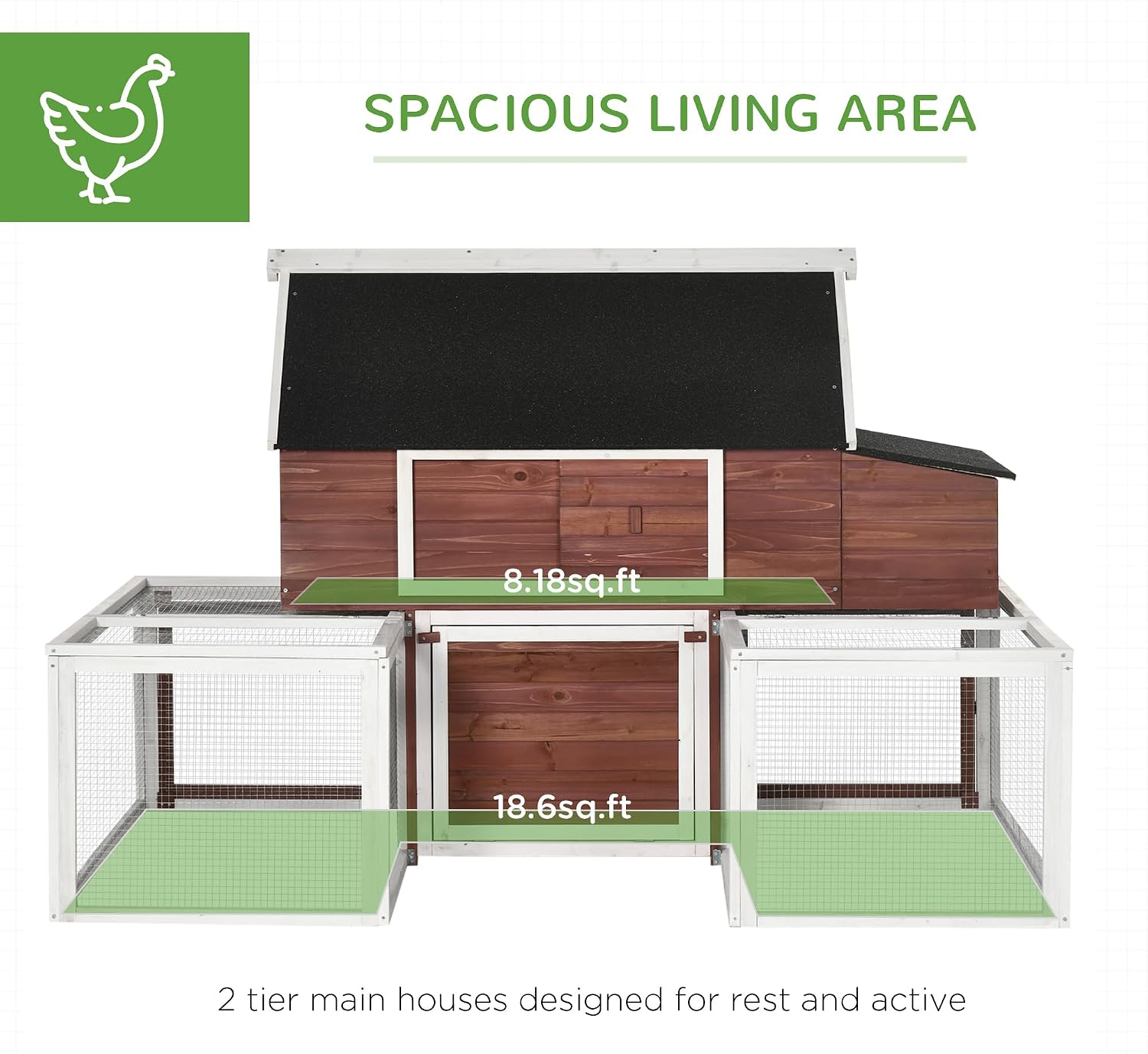 PawHut 114" Chicken Coop Wooden, Customizable Outdoor Chicken Cage Poultry Hen House with Nesting Box, Double Runs, Asphalt Roof, Ramp