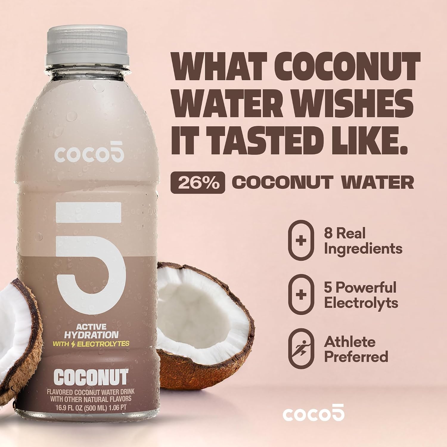 Coco5 Original Coconut Water Natural Electrolyte Sports Drink, 12 Pack | Active hydration. Low sugar, nothing artificial. Potassium, sodium, magnesium, calcium, chloride. 8 real ingredients.