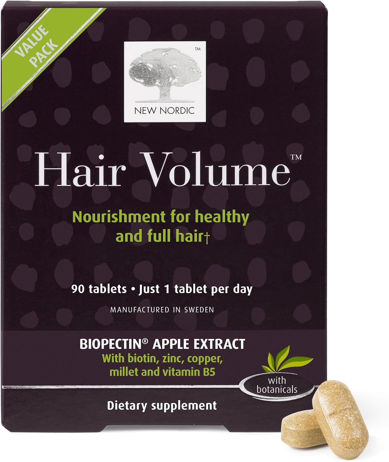 NEW NORDIC Hair Volume Daily Biotin Support Supplement | 90 Tablets | Daily hair supplement tablets made with biotin and Annurka apple extract for simple incorporation into your daily routine