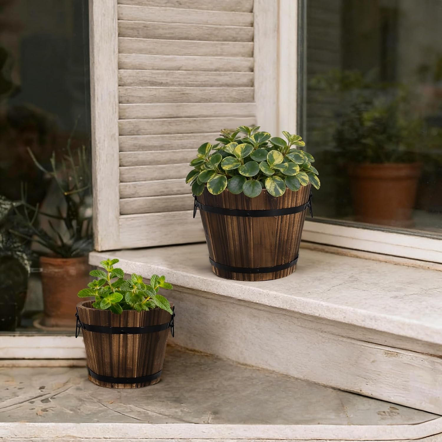Wooden Barrel Planters, 8 inch 7 inch Plant Pot with Drainage Holes for Indoor Plants Decor, Set of 2