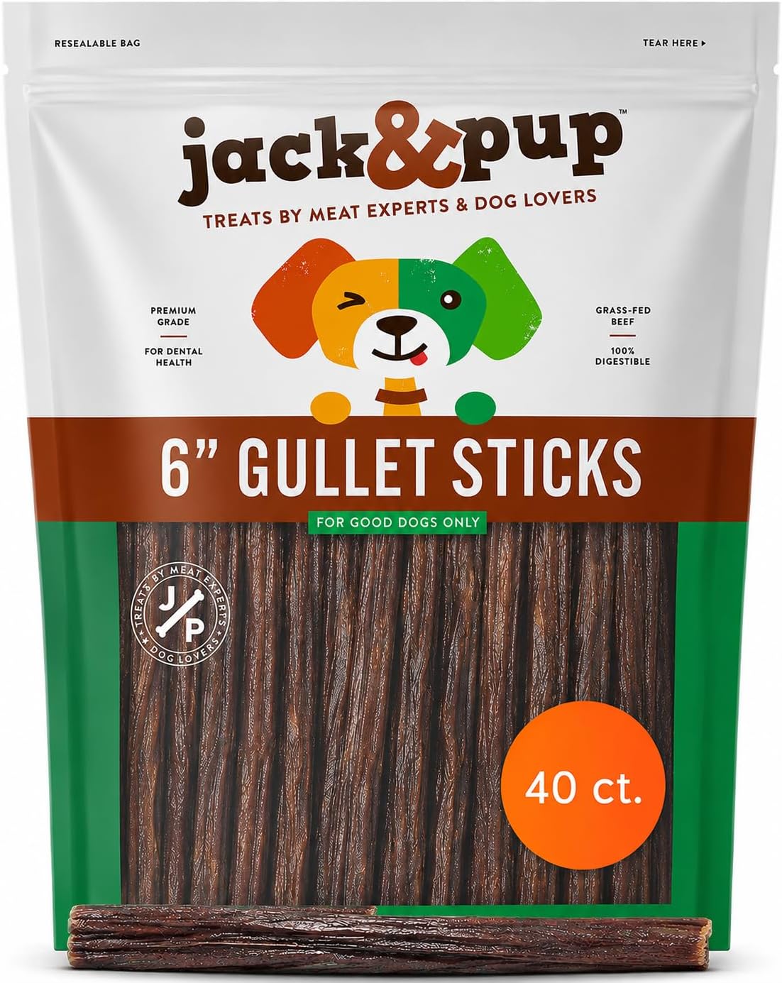 Jack&Pup Gullet Sticks for Dogs, 6" Esophagus Dog Treats (40 Pack)