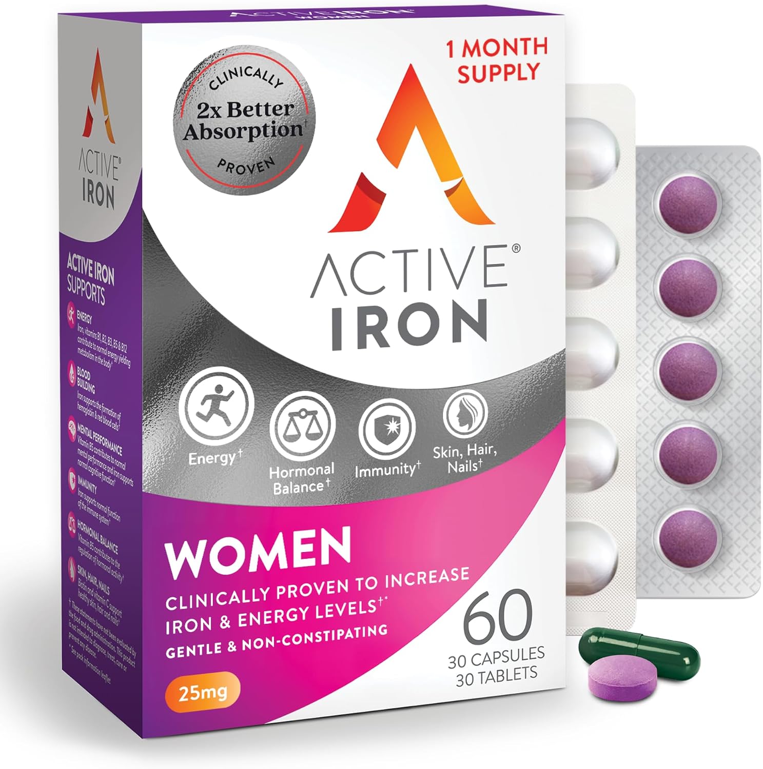 Active Iron Supplement 25mg + Multivitamin for Women, Gentle on Stomach