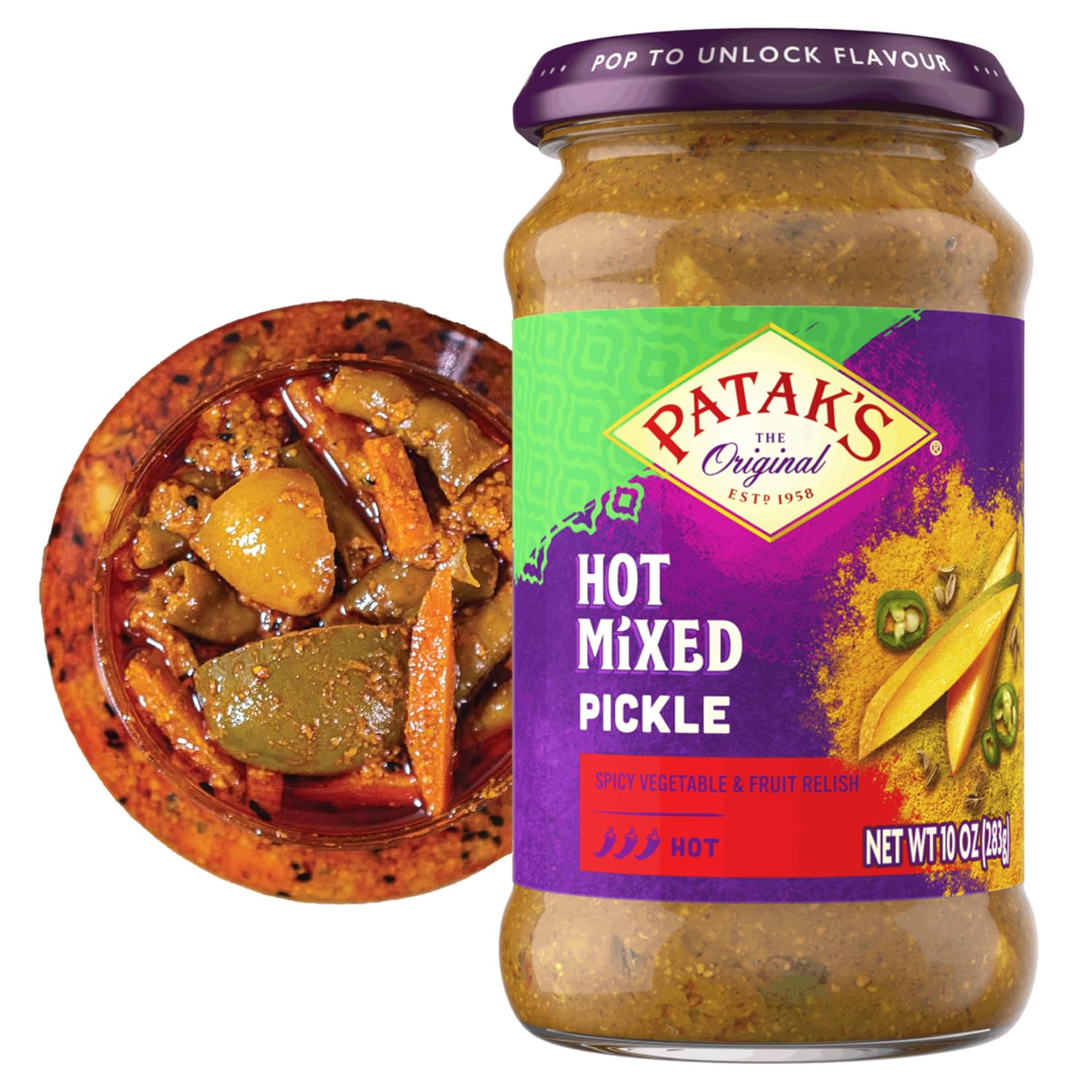 Patak’s Hot Mixed Pickle - Authentic Indian Relish w/Mangoes, Carrots, Limes, Chili Peppers & Aromatic Spices -Perfect for Sandwiches