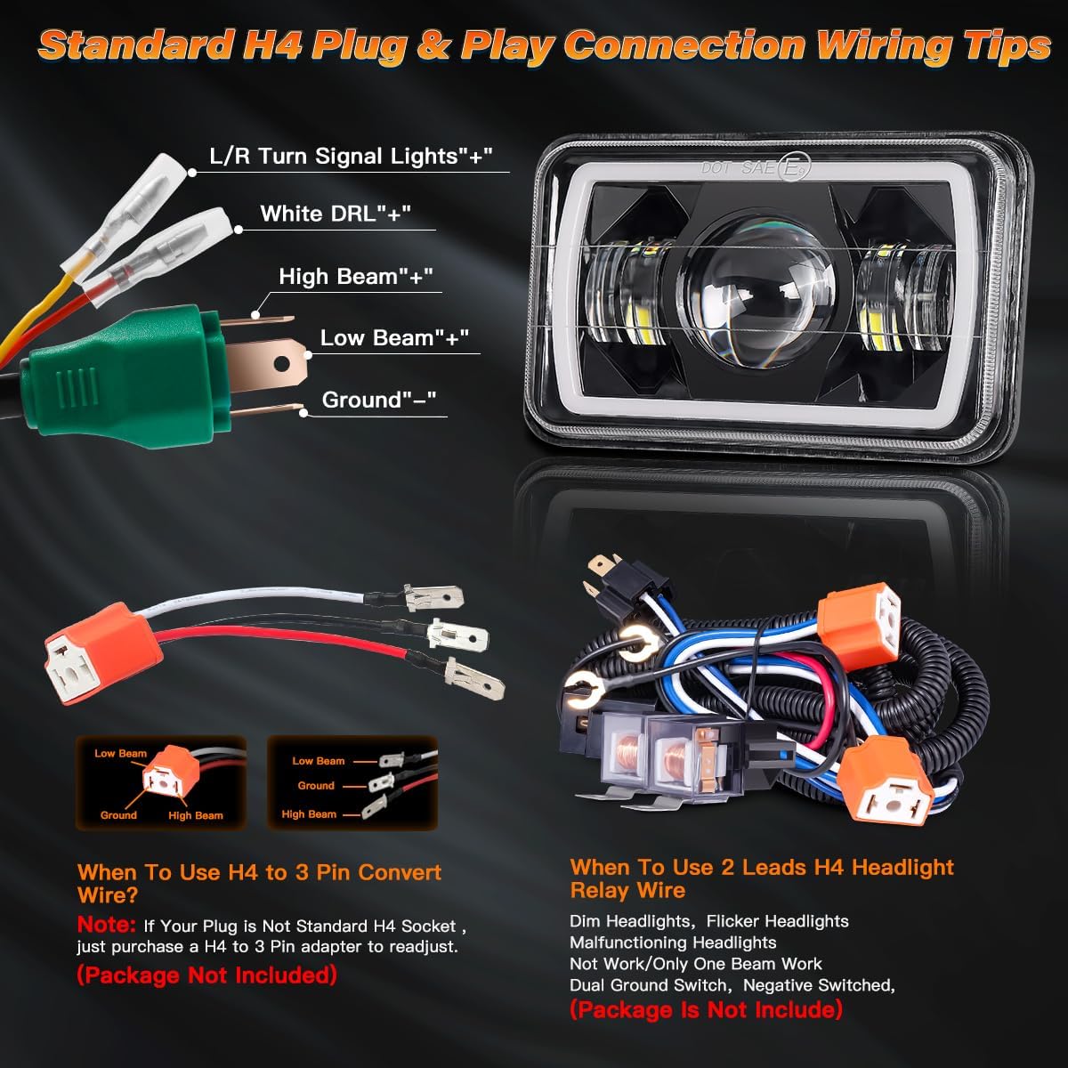 5x7/7x6in H6054 LED Headlights DOT Approved Hi/Low Sealed Beam 2PCS