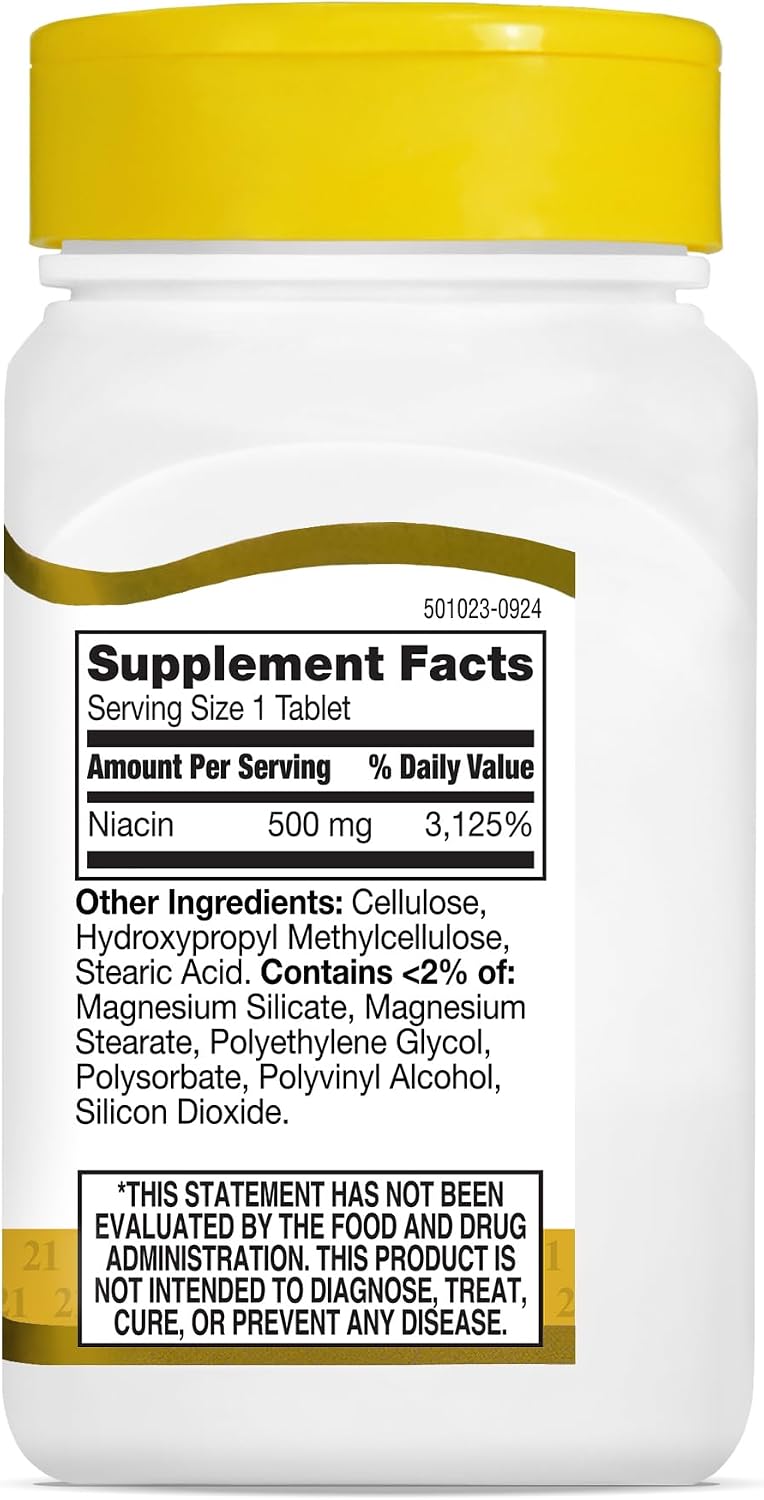 21st Century Niacin 500mg Prolonged Release Tablets, Vitamin B3, 100ct | Vitamin B3 Niacin 500 mg, Energy Metabolism, Heart & Nervous System Support, Prolonged-Release Formula, Non-GMO, Gluten Free