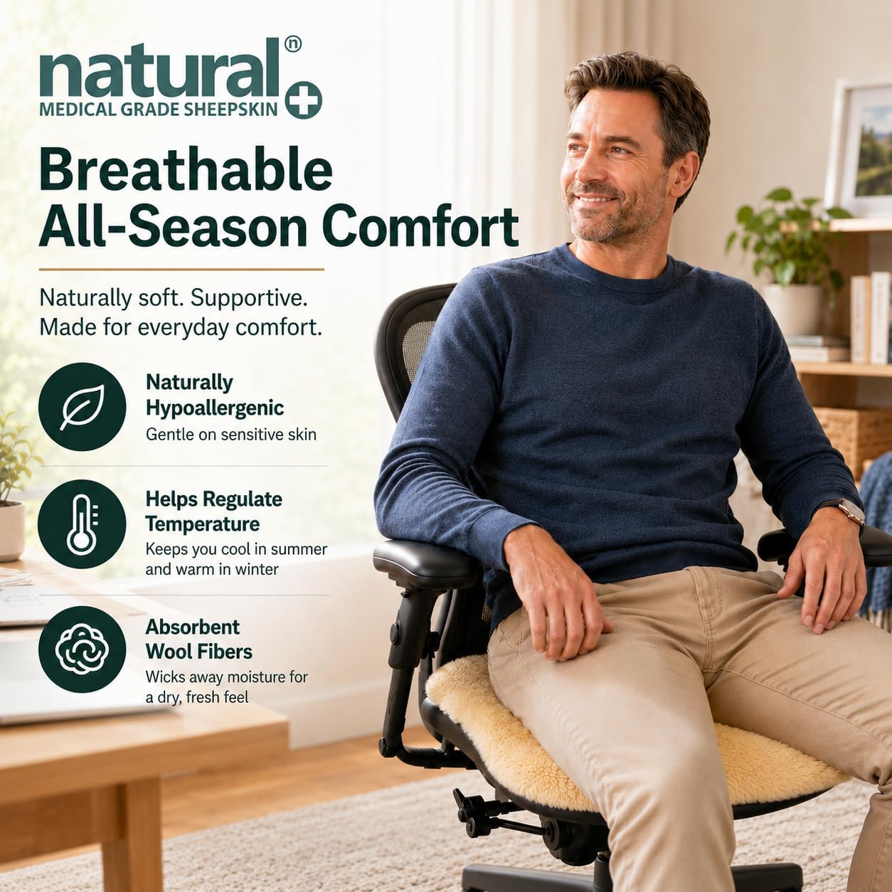 Natural Medical Sheepskin Pad, Non-Slip Back, Natural, 17 x 17 in, 1 Pack