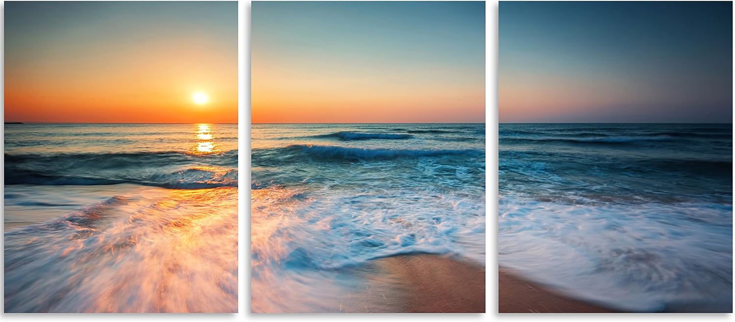 TutuBeer 3 Panel Beach Canvas Wall Art for Home Decor Blue Sea Sunset White Beach Painting the Picture Print on Canvas Seascape the Pictures for Home Decor Decoration,Ready to Hang