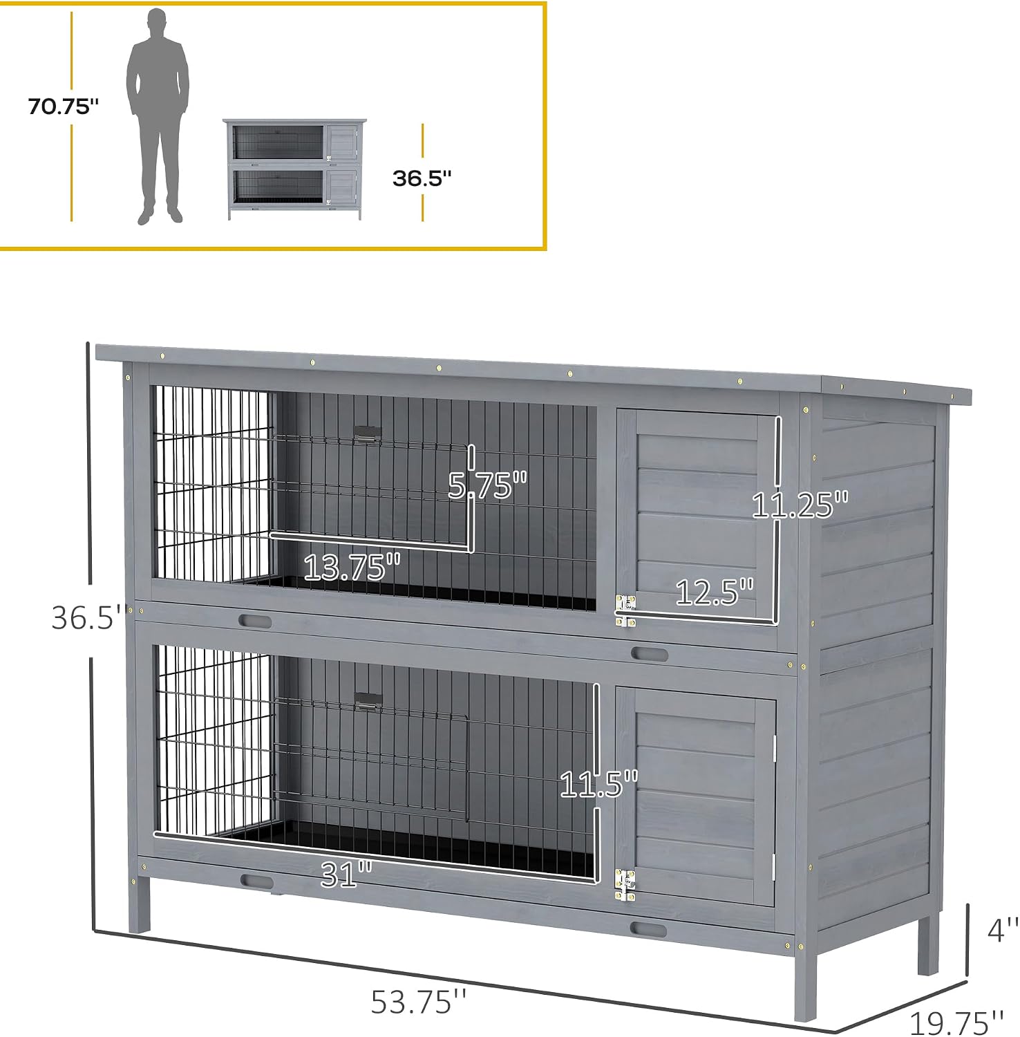 PawHut 54" 2-Story Large Rabbit Hutch Bunny Cage Wooden Pet House Small Animal Habitat with Lockable Doors, No Leak Tray and waterproof Roof for Outdoor/Indoor Orange | Wooden Pet House, Small Animal Habitat, No Leak Tray, Waterproof Roof, for Chickens D…