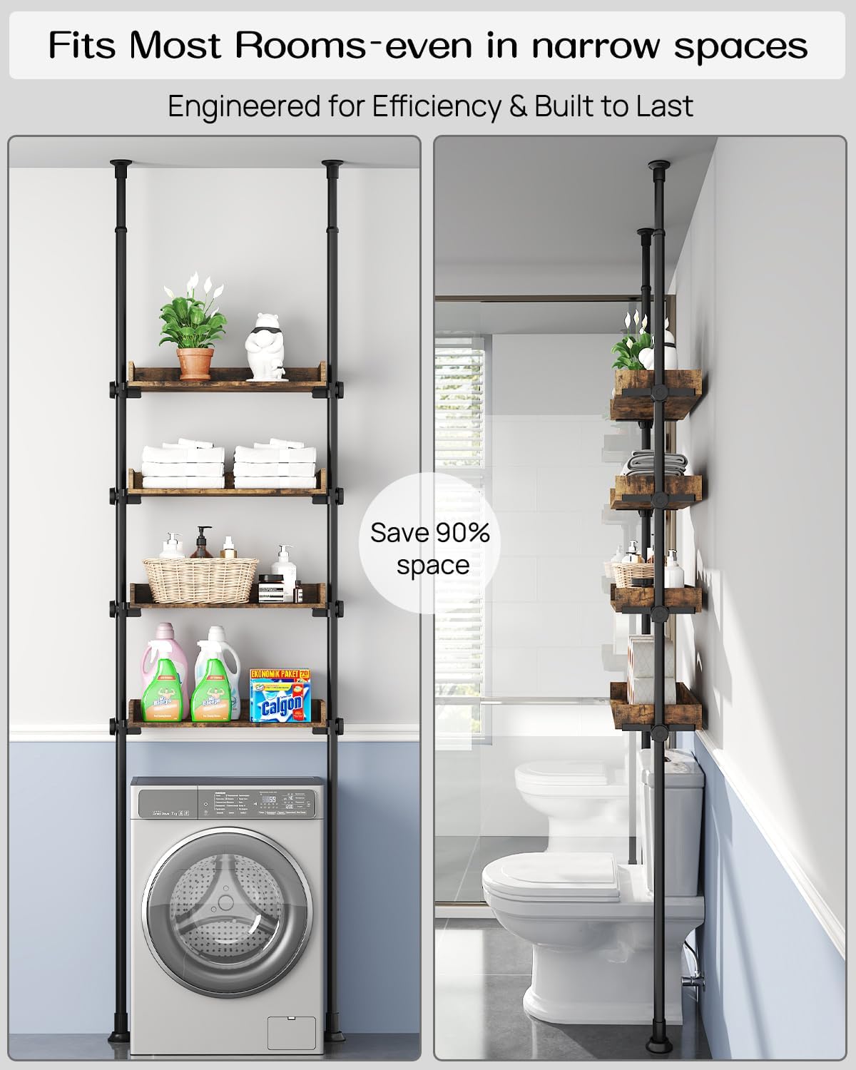 ALLZONE Bathroom Organizer, Over The Toilet Storage, 4-Tier Adjustable Wood Shelves for Small Rooms, Saver Space Rack, 92 to 116 Inch Tall
