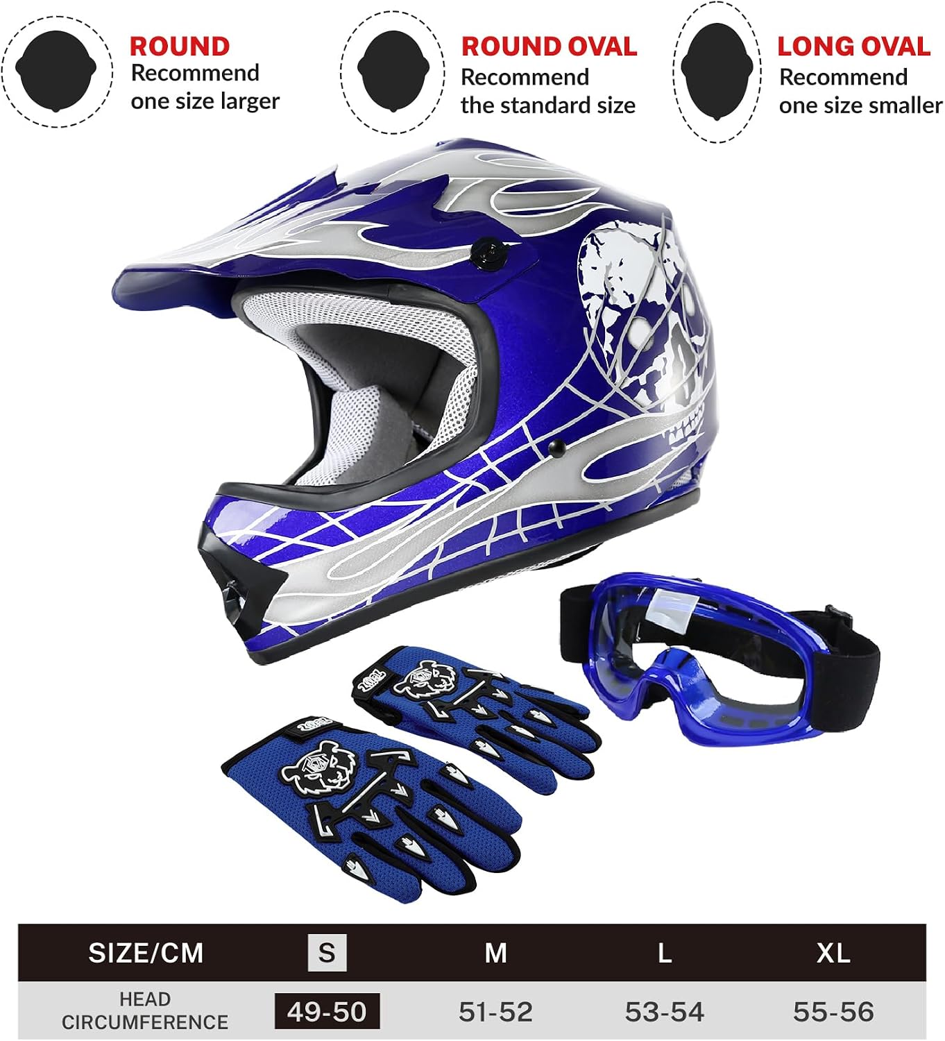 SLMOTO ATV Helmets for Kids Youth DOT Motocross Offroad Street Helmet Motorcycle Blue Helmet Dirt Bike Motocross Helmet+Goggles+Gloves