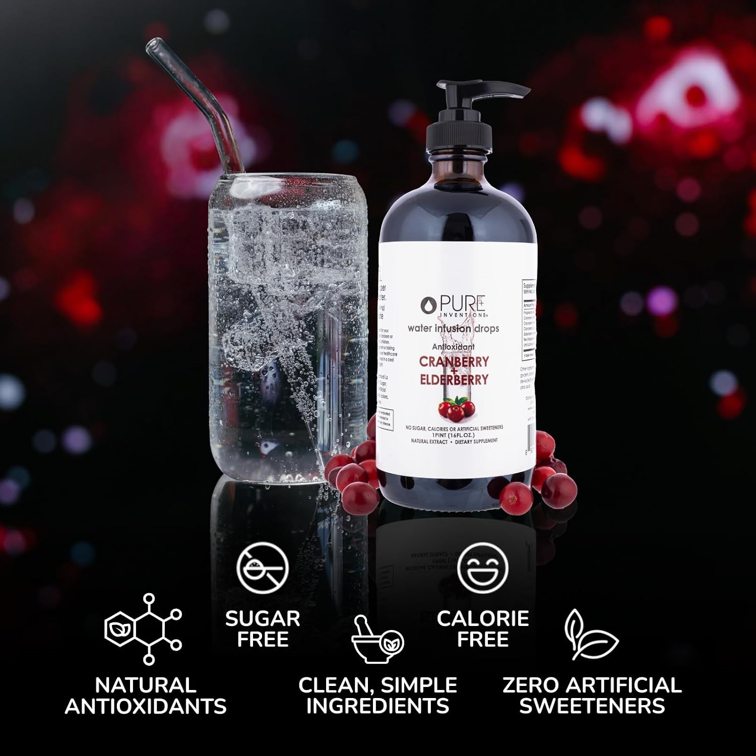 Pure Inventions Water Enhancer Drops - Refreshing and Delicious - Antioxidants, Electrolytes - No Sugar, Calories, or Artificial Sweeteners - Cranberry and Elderberry (60 Servings)