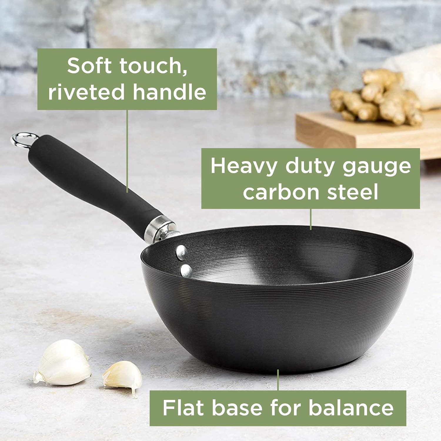 Ecolution Non-Stick Carbon Steel Wok with Soft Touch Riveted Handle, 8",Black