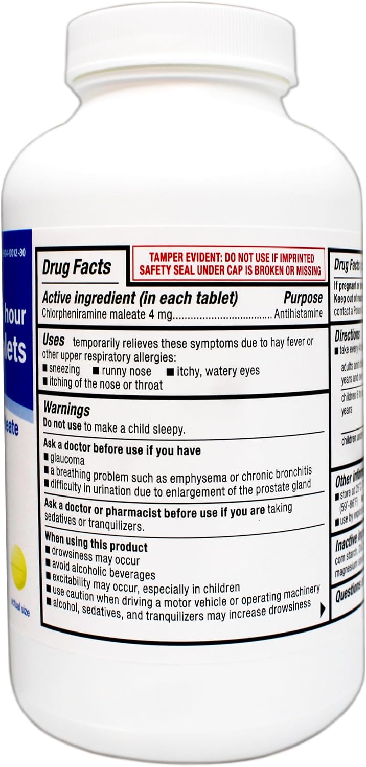 Major Allergy Tablets, Chlorpheniramine Maleate 4 mg, Antihistamine 4 Hour, 1000 Tablets