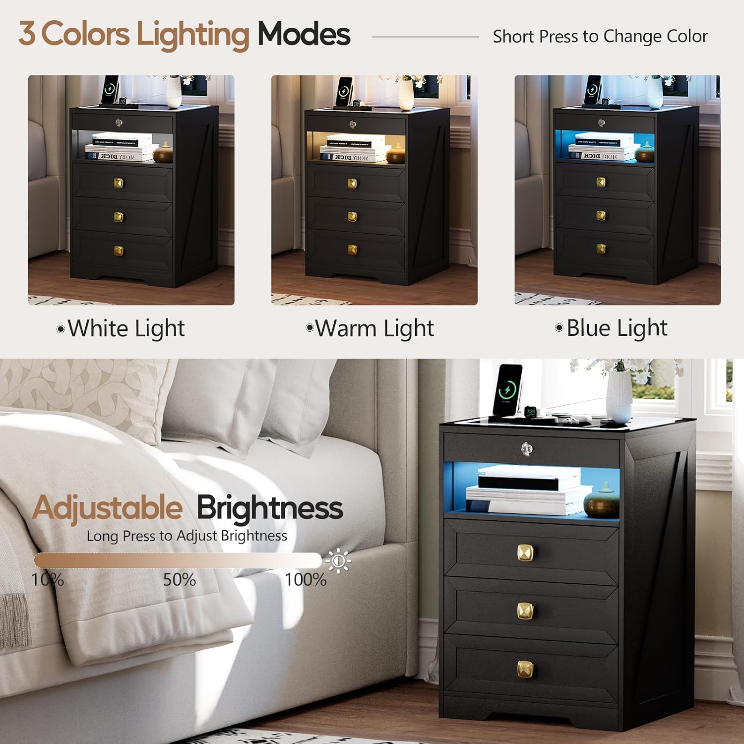 Smart LED Nightstand with Lockable Gun Drawer & Glass Top（Black） | Modern Bedside Table with Charging Station and Hidden Storage, LED Night Stand with 4 Drawers & Motion Sensor for Bedroom