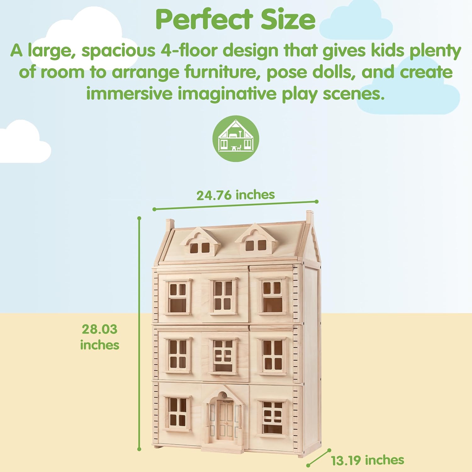 PlanToys® Green Wooden Dollhouse with Solar Panel, Wind Turbine & Furniture | recycling system, eco-friendly doll house, sustainable pretend play, kids, girls, environmental learning gift for boys