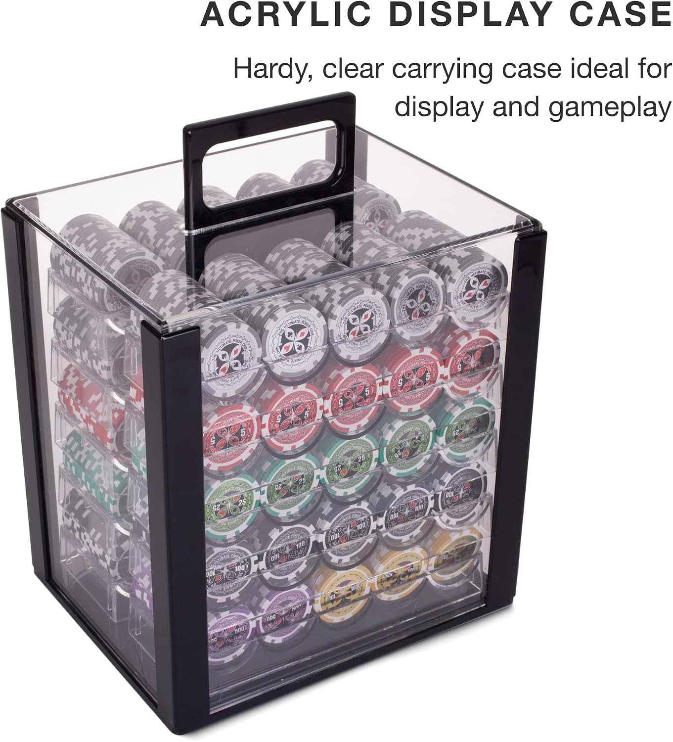 Brybelly Poker Chips 1000 Chips Set with Acrylic Case - Heavyweight 14g Poker Chips Set with 10 Removable Trays and 11" x 12" x 15" Portable Case