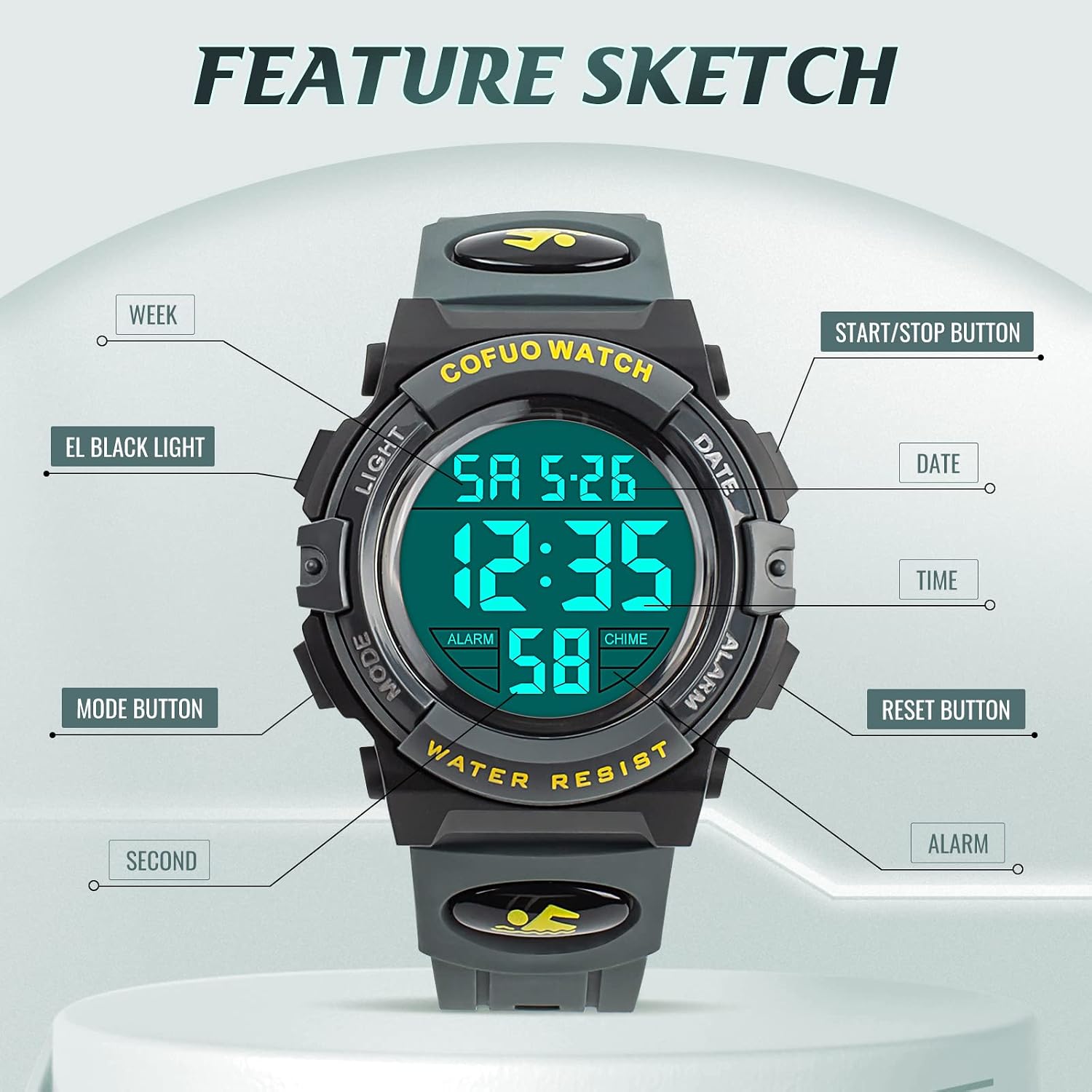cofuo Kids Digital Watch for Boys Girls, Boys Watches Ages 3-17,Sport Outdoor Watch for Kid, 50M Waterproof Analog Multifunctional Chronograph LED Alarm Stopwatch Silicone Band, Kids Gift