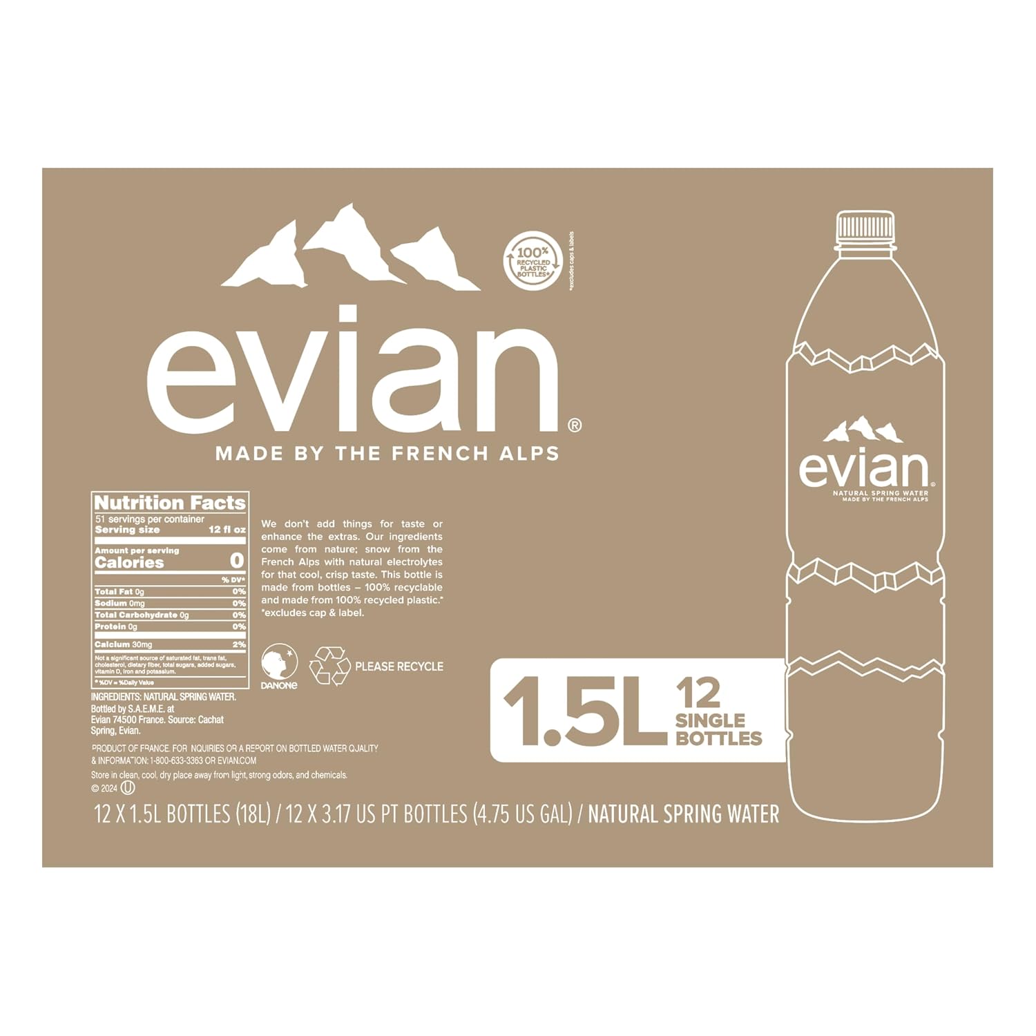 evian Natural Spring Water, 750 ml (25.36 fluid ounce) Water Bottle with Sports Cap, 12 Pack