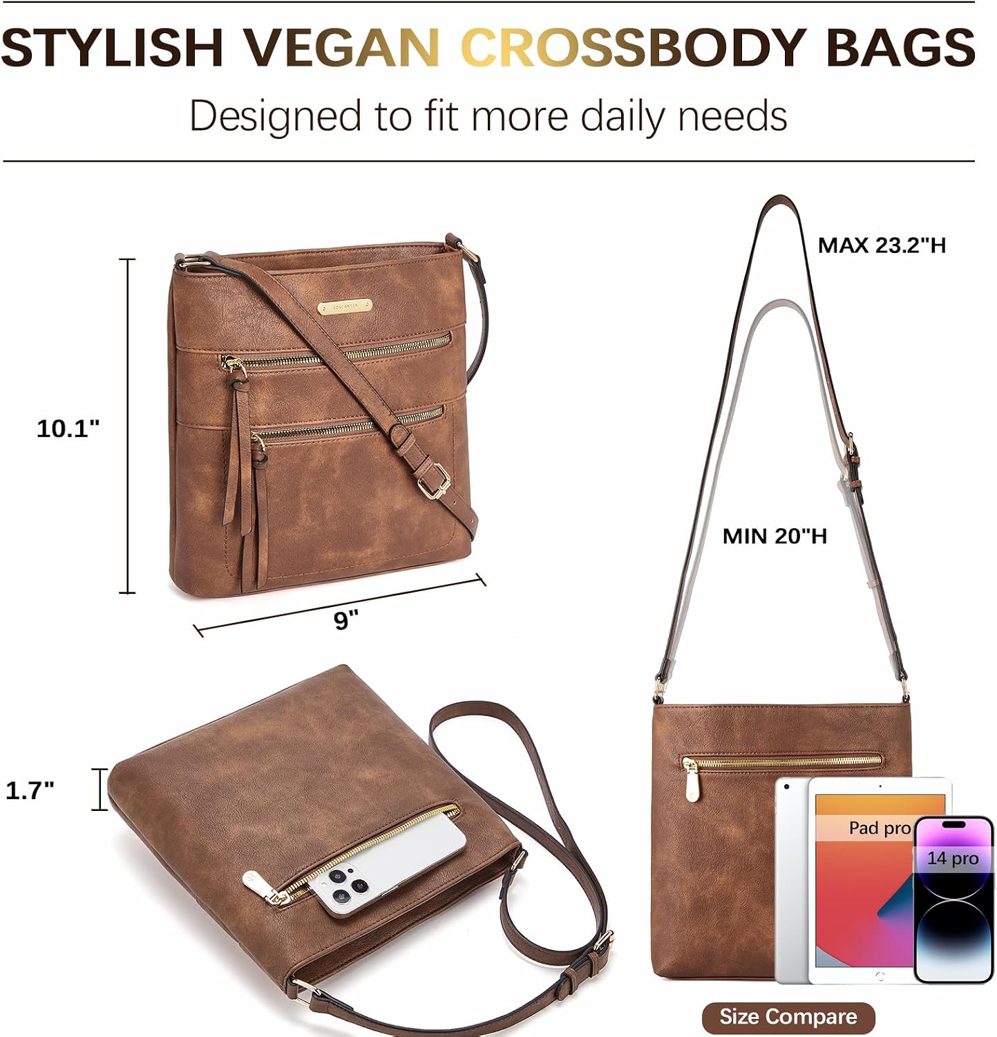 BOSTANTEN Crossbody Purses for Women Medium Shoulder Bag Quilted Handbags with Zipper Pocket